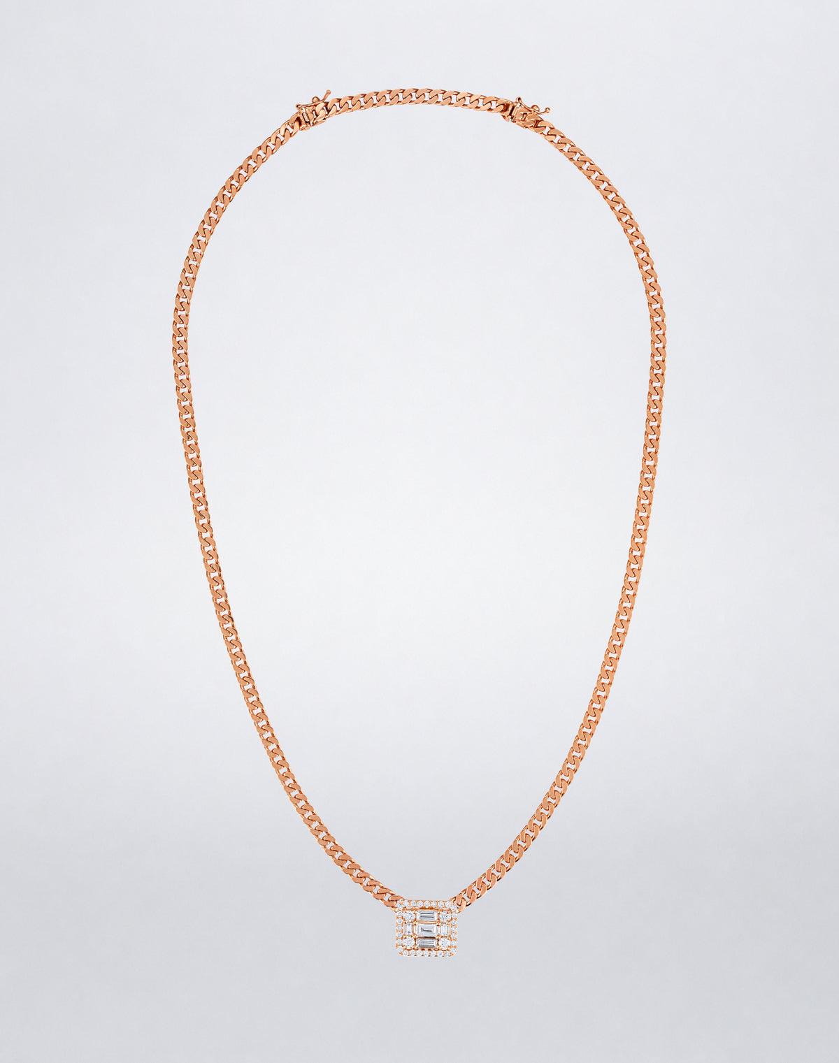 Mindi Mond New York Clarity³ Halo Wide Link Necklace in 18K rose gold, nine-stone diamond cube with pavé halo on a wide flat curb-link chain, full view