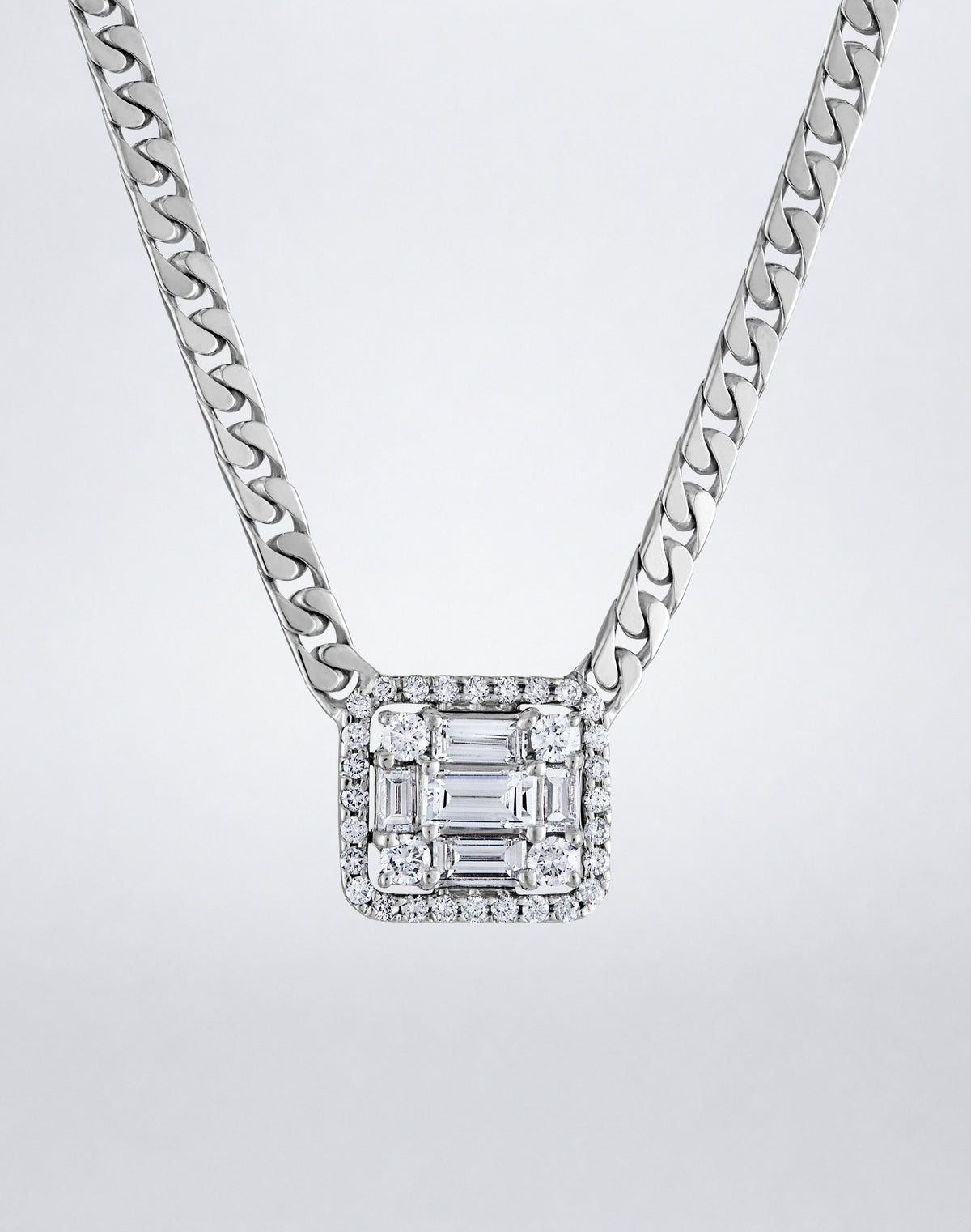 Mindi Mond New York Clarity³ Halo Wide Link Necklace in 18K white gold, close-up of the diamond cube with pavé halo set into the wide curb-link chain