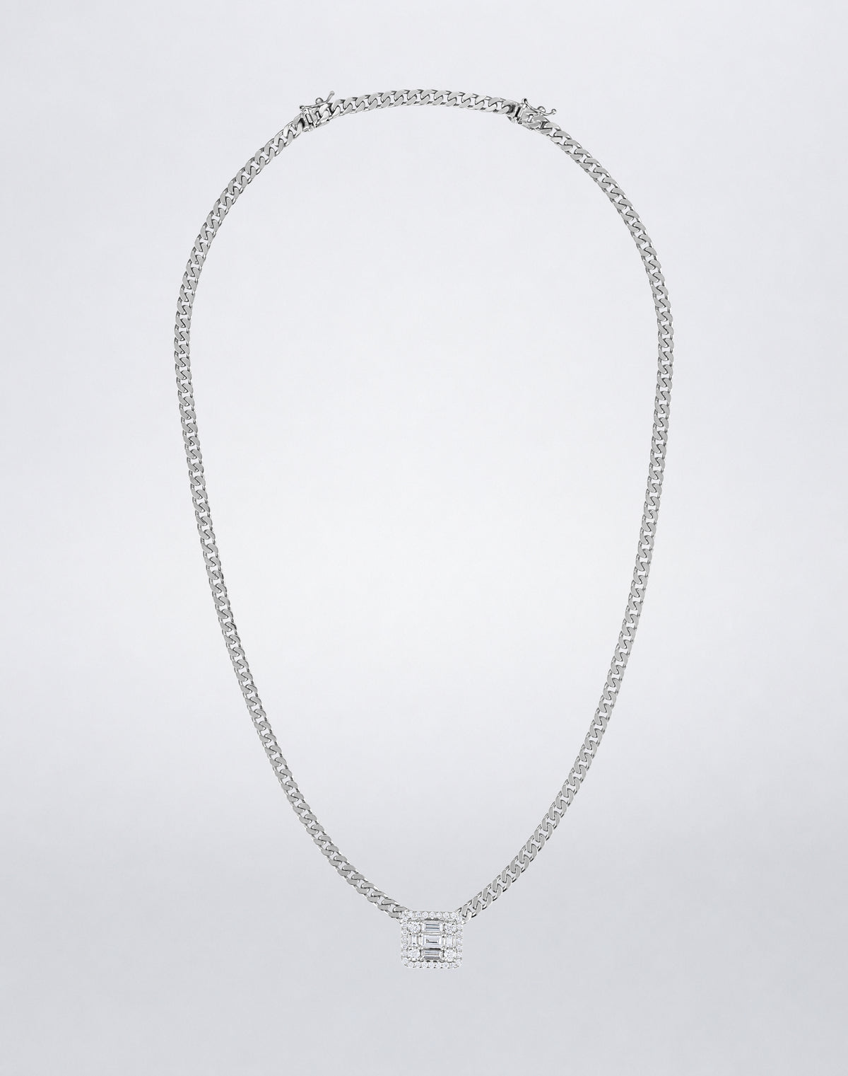 Mindi Mond New York Clarity³ Halo Wide Link Necklace in 18K white gold, nine-stone diamond cube with pavé halo on a wide flat curb-link chain, full view