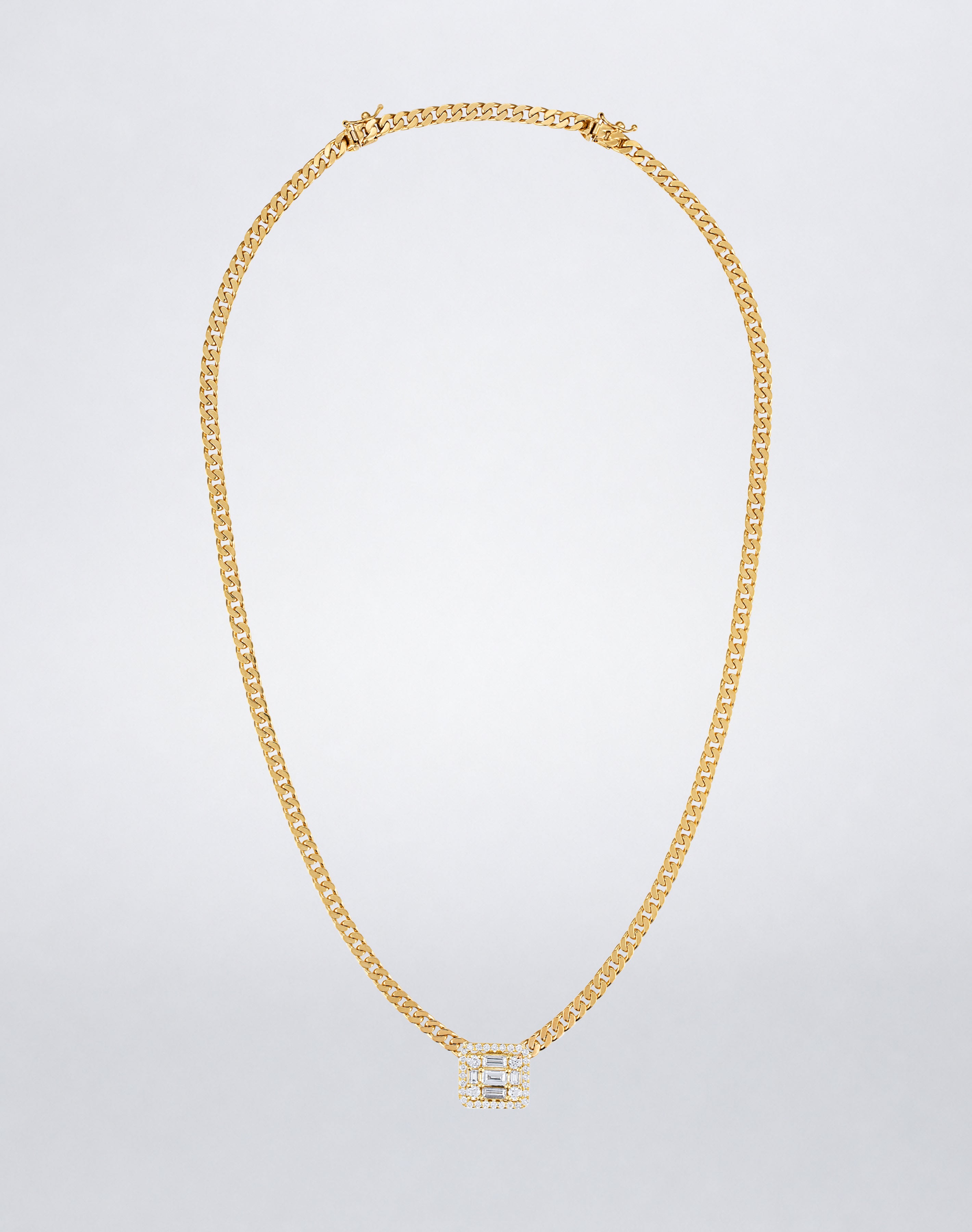 Mindi Mond New York Clarity³ Halo Wide Link Necklace in 18K yellow gold, nine-stone diamond cube with pavé halo on a wide flat curb-link chain, full view