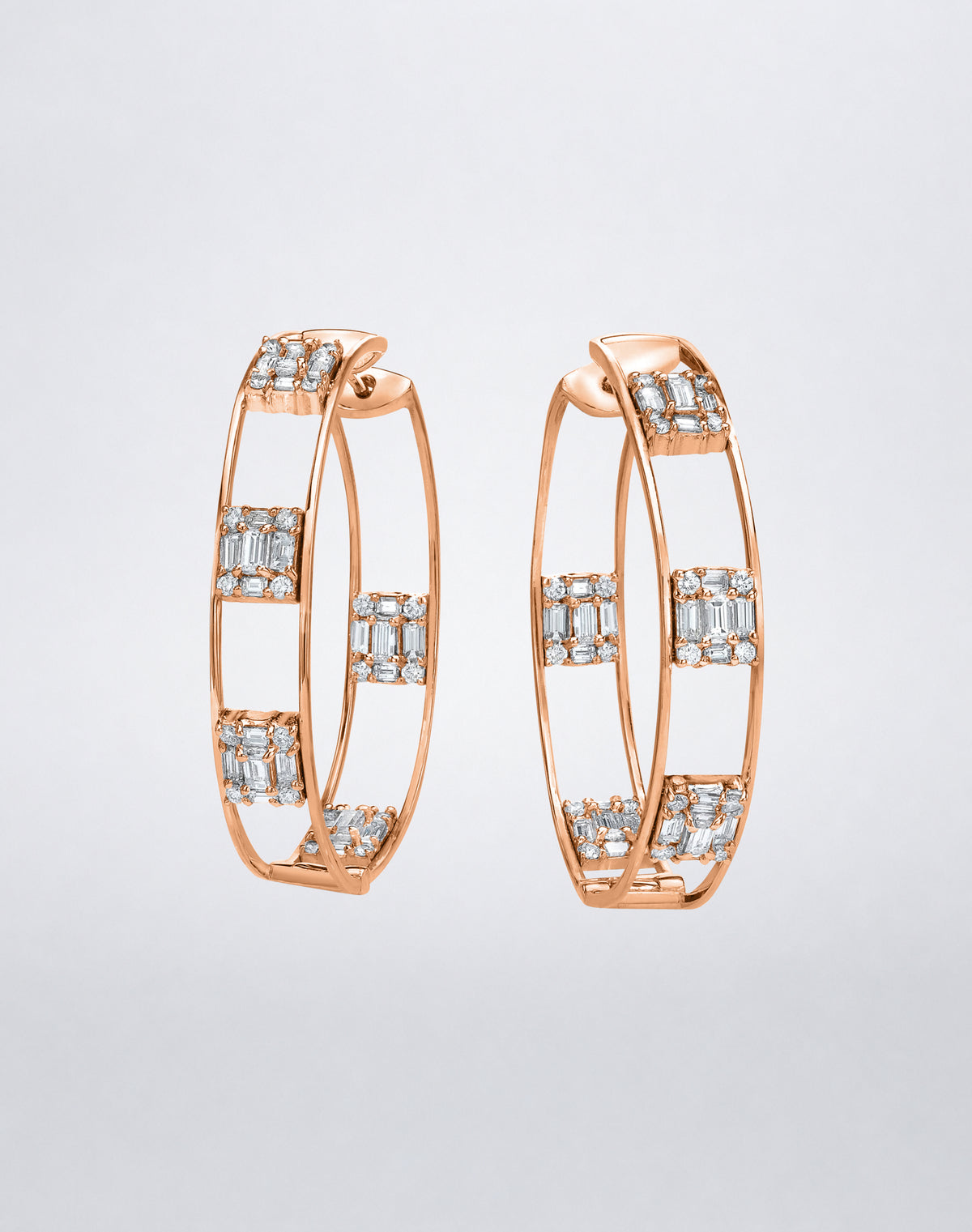 Mindi Mond New York Clarity³ Polished Gold Hoops in 18K rose gold, nine-stone diamond formations set at intervals around a slender polished double-rail hoop