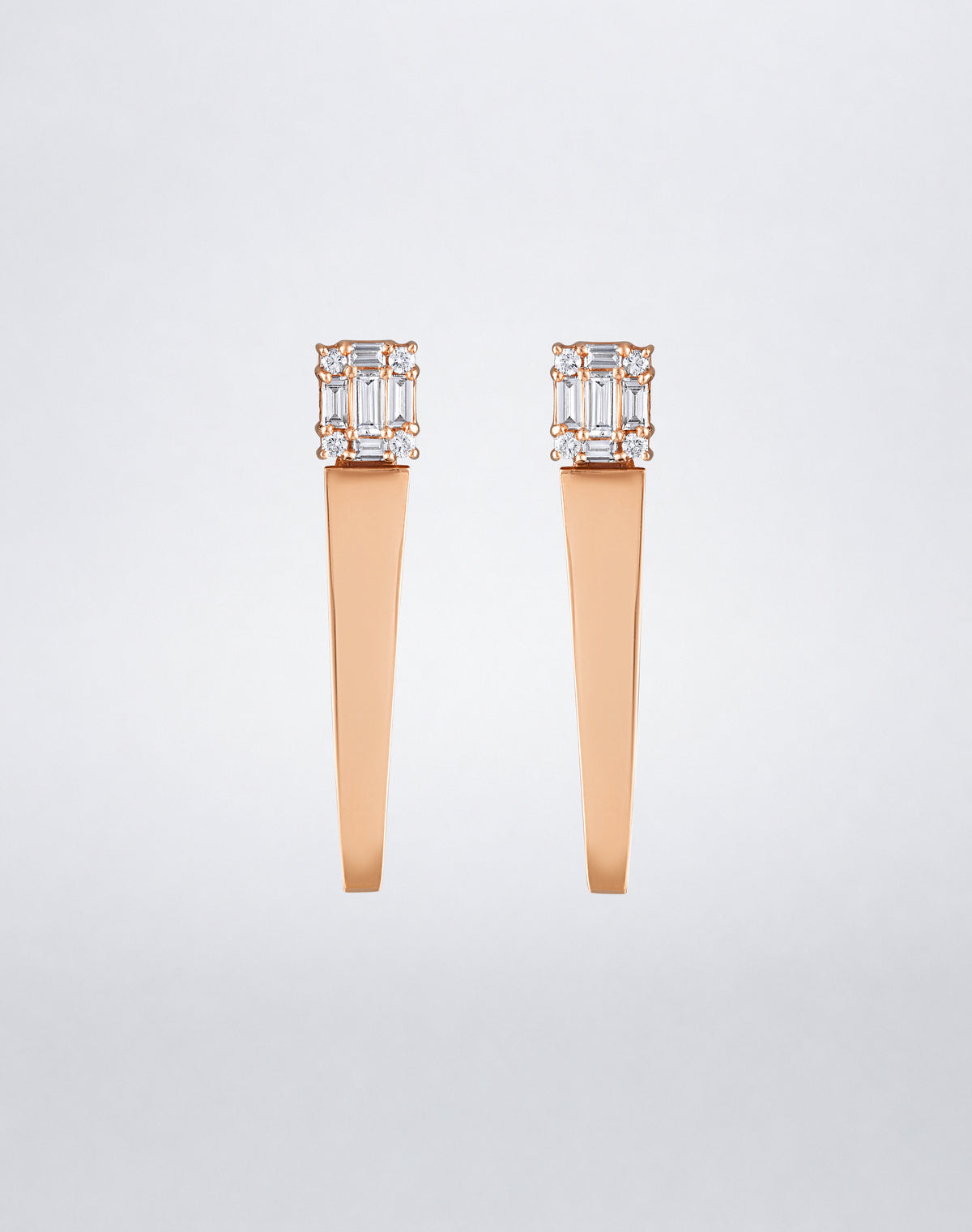 Mindi Mond New York Clarity³ Polished Gold Icicle Earrings in 18K rose gold, a nine-stone diamond formation above a sleek tapered high-polish drop
