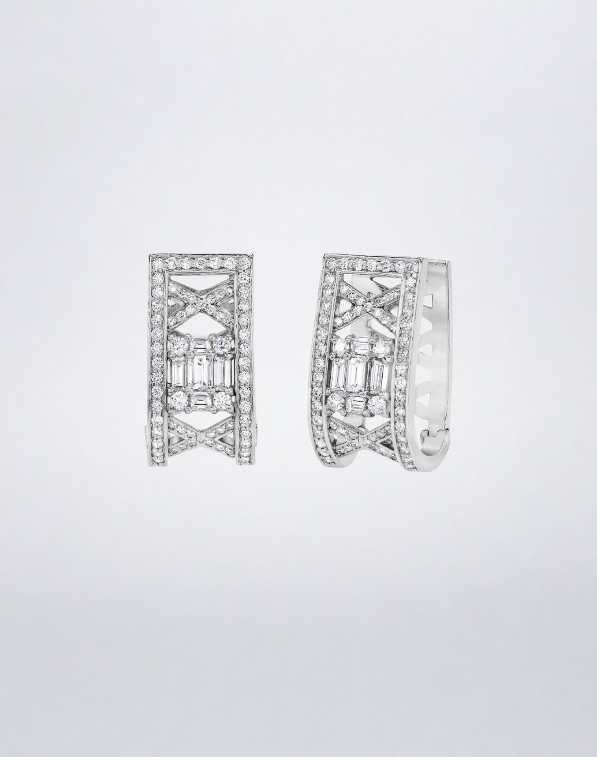 Mindi Mond New York Clarity³ Lattice Huggie Earrings in 18K white gold, a nine-stone diamond formation framed in an openwork pavé diamond lattice