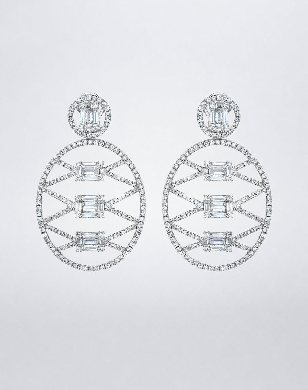 Mindi Mond New York Clarity³ Lattice Medallion Drop Earrings in 18K white gold, an open oval pavé lattice set with diamond formations beneath a Clarity³ stud