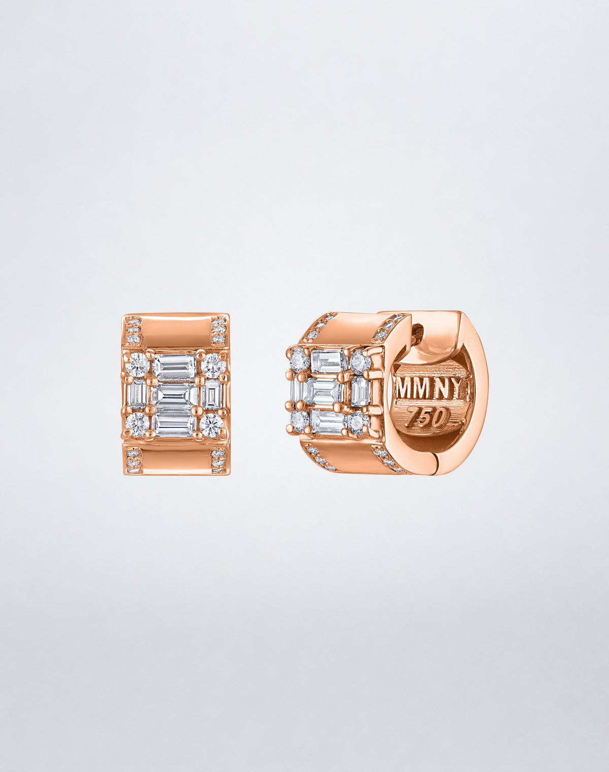 Mindi Mond New York Clarity³ Lovers Huggie Earrings in 18K rose gold, side view showing the hinged closure and MMNY 750 stamp