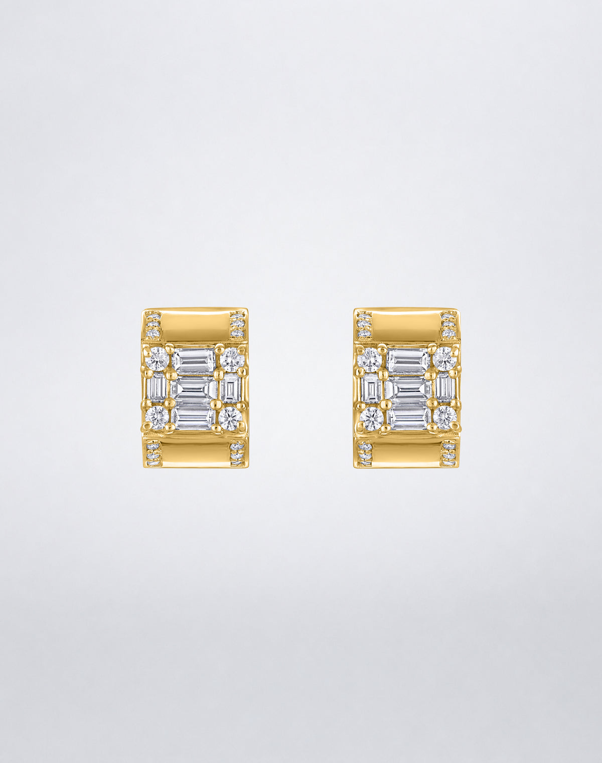 Mindi Mond New York Clarity³ Lovers Huggie Earrings in 18K yellow gold, a nine-stone diamond formation on a wide polished huggie with pavé edges