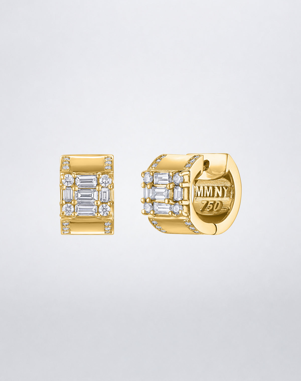 Mindi Mond New York Clarity³ Lovers Huggie Earrings in 18K yellow gold, side view showing the hinged closure and MMNY 750 stamp