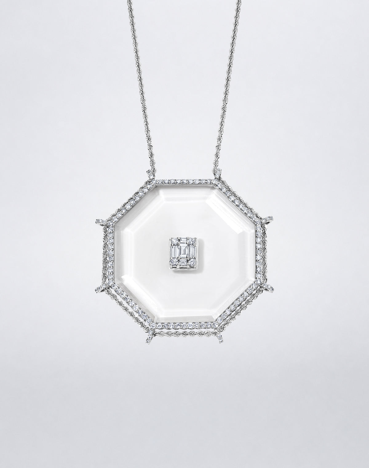 Mindi Mond New York Clarity³ Crystal Octagon Necklace in 18k white gold, faceted rock crystal octagon pendant with pavé diamond frame, 18k gold and platinum rope chain, and a nine-stone Clarity³ formation at the center, full view
