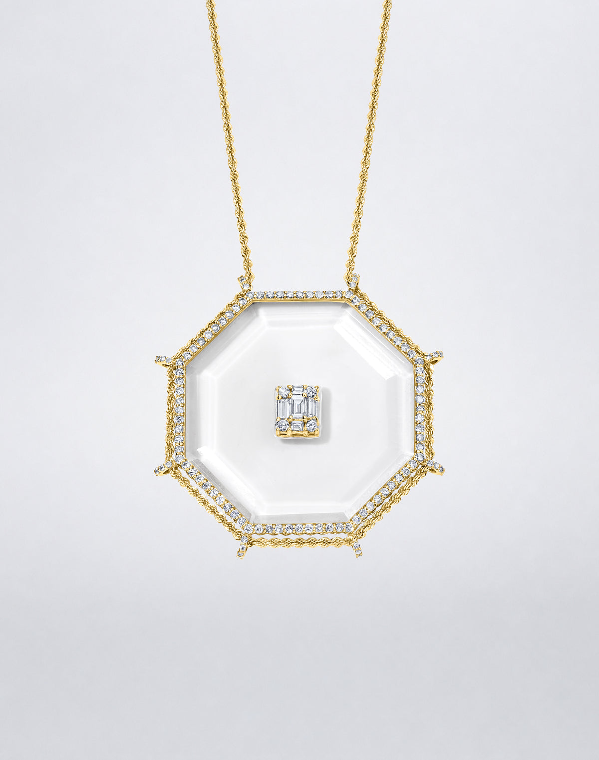 Mindi Mond New York Clarity³ Crystal Octagon Necklace in 18k yellow gold, faceted rock crystal octagon pendant with pavé diamond frame, 18k gold and platinum rope chain, and a nine-stone Clarity³ formation at the center, full view