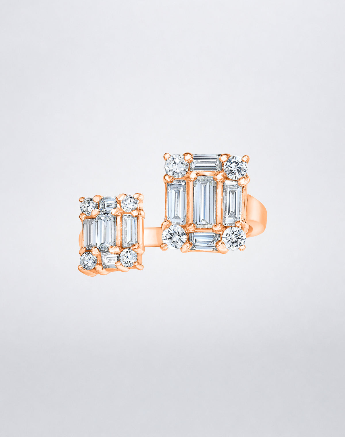 CLARITY³ Open Dual Cube Ring in 18K rose gold, featuring two asymmetric baguette and round diamond clusters on an open band, by Mindi Mond New York