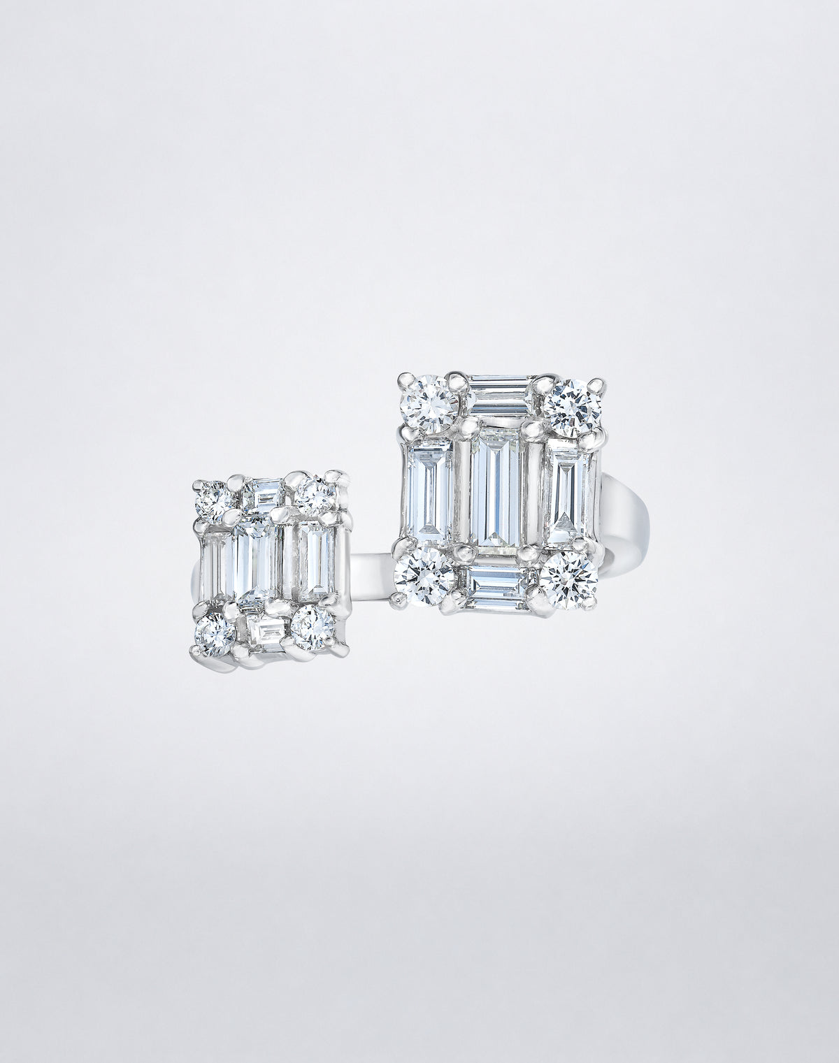 CLARITY³ Open Dual Cube Ring in 18K white gold, featuring two asymmetric baguette and round diamond clusters on an open band, by Mindi Mond New York