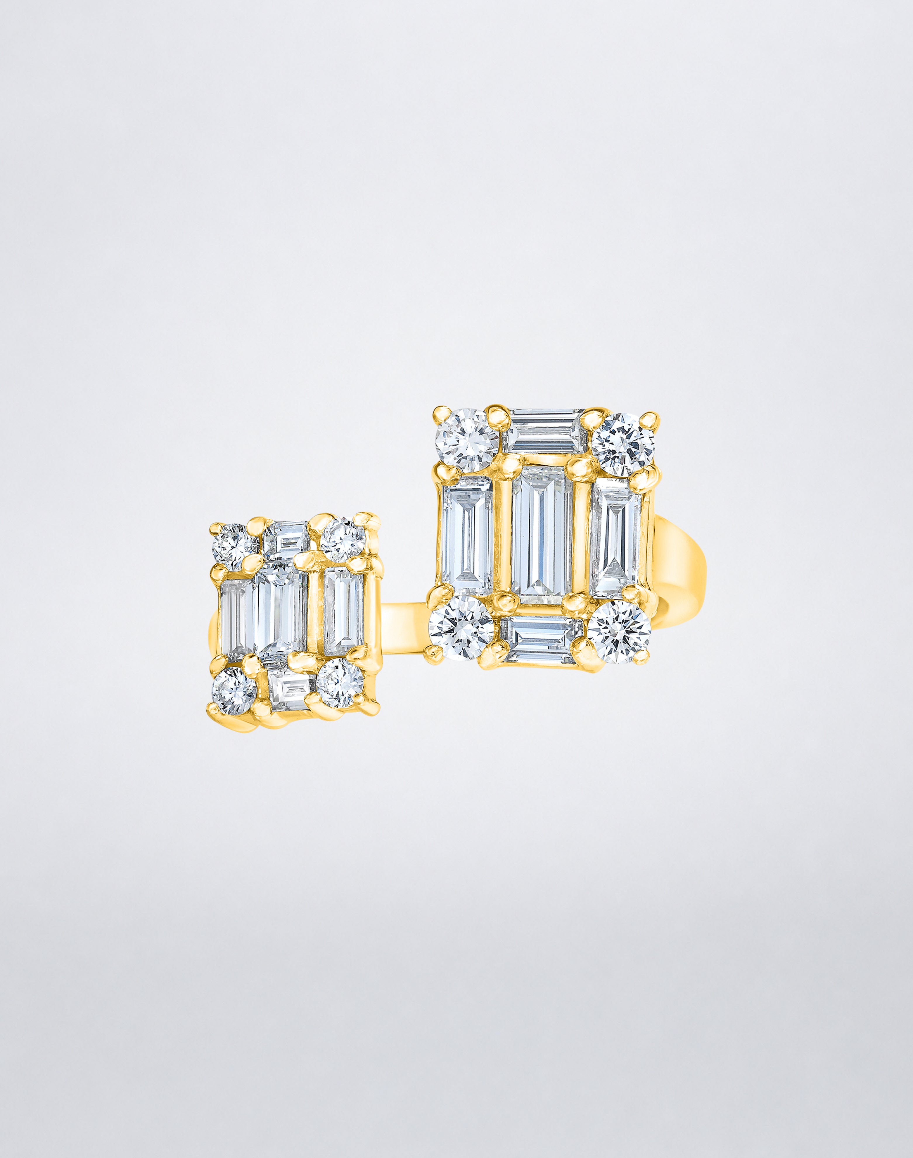 CLARITY³ Open Dual Cube Ring in 18K yellow gold, featuring two asymmetric baguette and round diamond clusters on an open band, by Mindi Mond New York