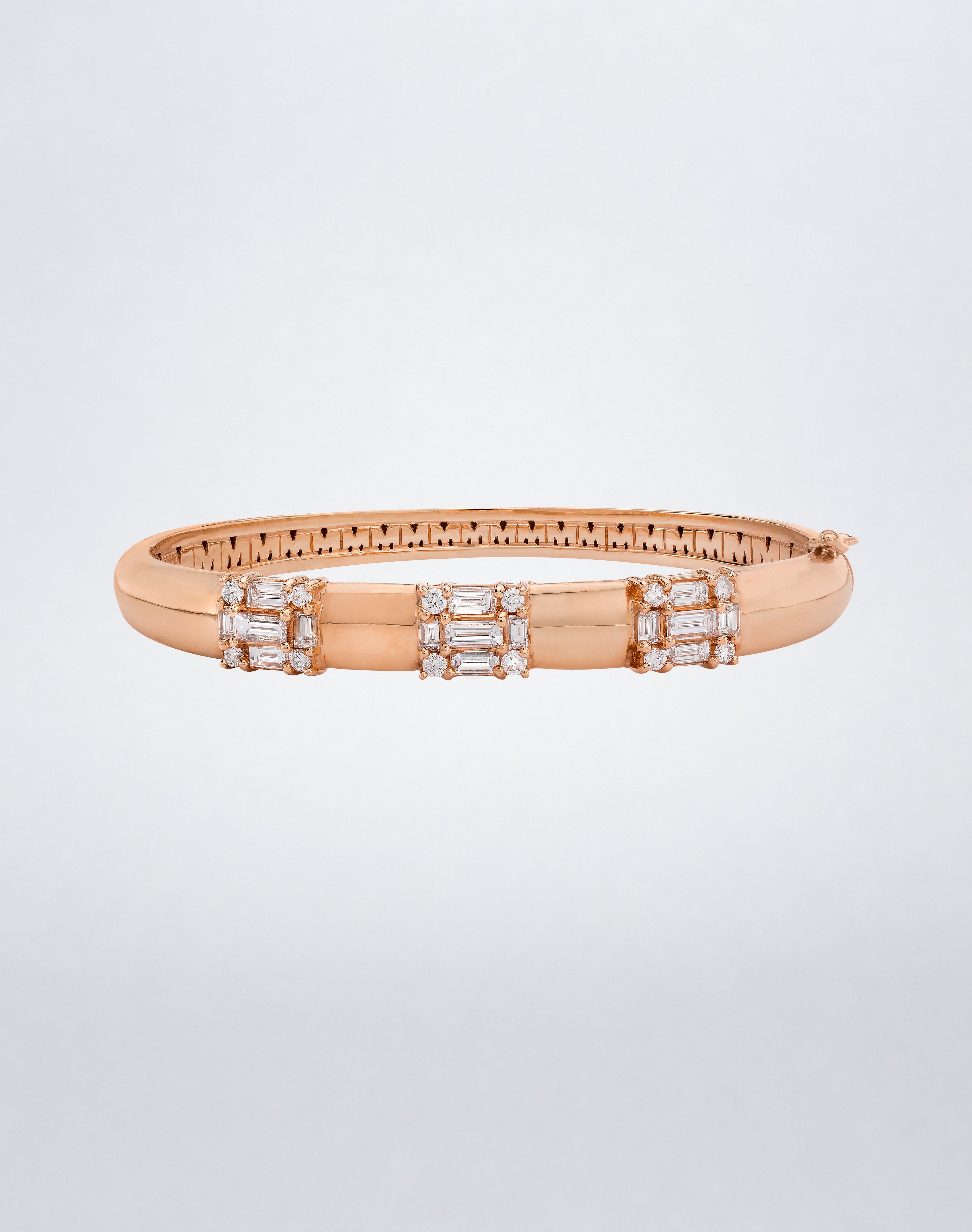 Mindi Mond New York Clarity³ 3 Section Hinged Bangle in 18k rose gold with three nine-stone baguette and round brilliant diamond formations, front view