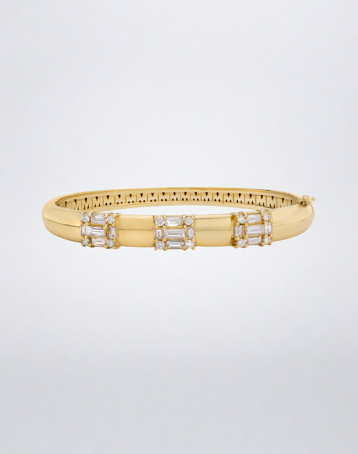 Mindi Mond New York Clarity³ 3 Section Hinged Bangle in 18k yellow gold with three nine-stone baguette and round brilliant diamond formations, front view