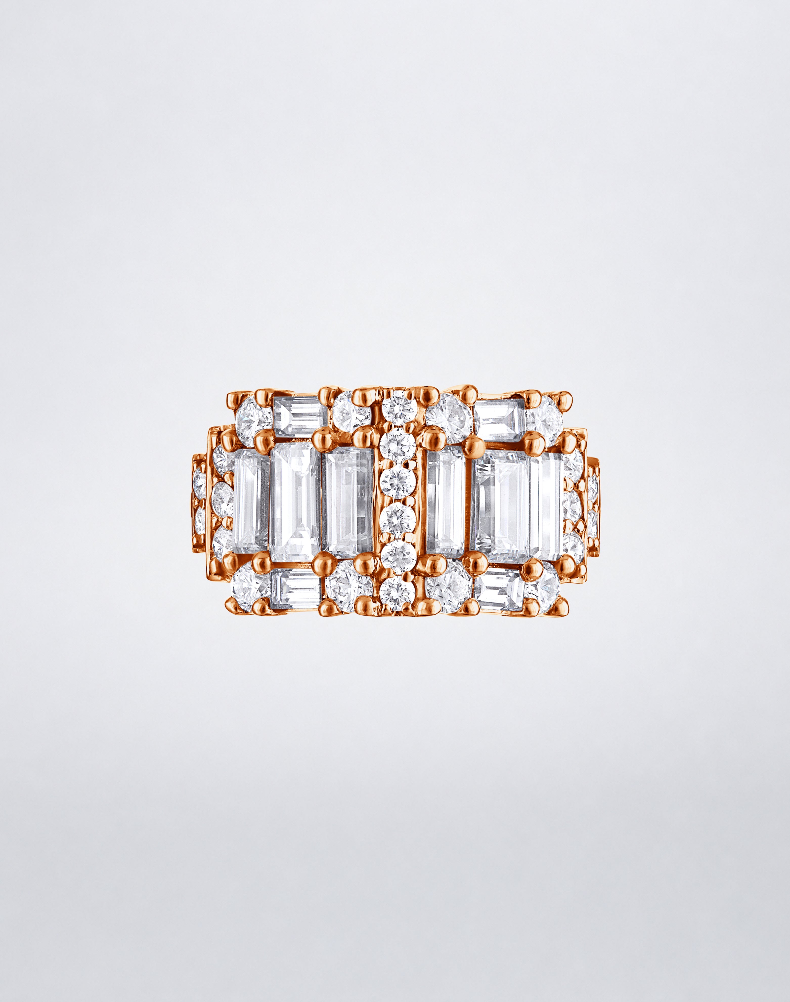 CLARITY³ Step Diamond Band in 18K rose gold, featuring alternating columns of baguette and round diamonds, by Mindi Mond New York