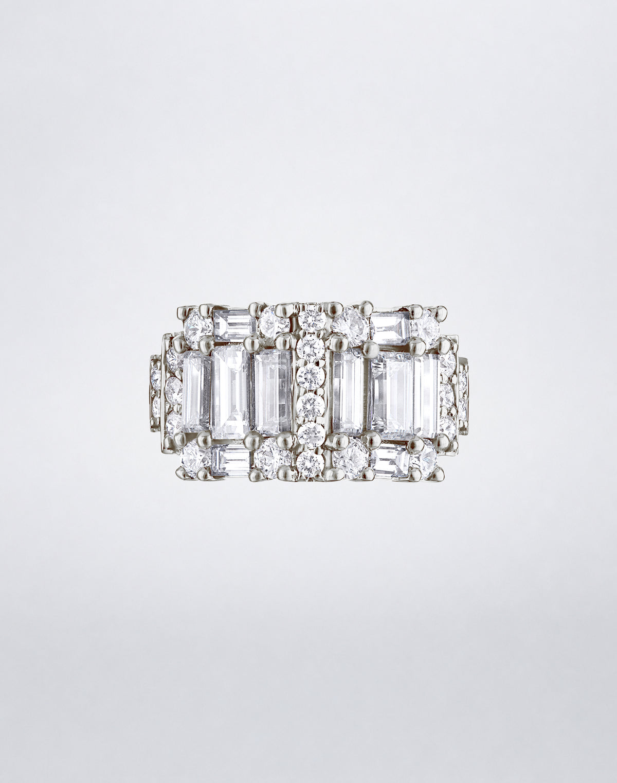 CLARITY³ Step Diamond Band in 18K white gold, featuring alternating columns of baguette and round diamonds, by Mindi Mond New York