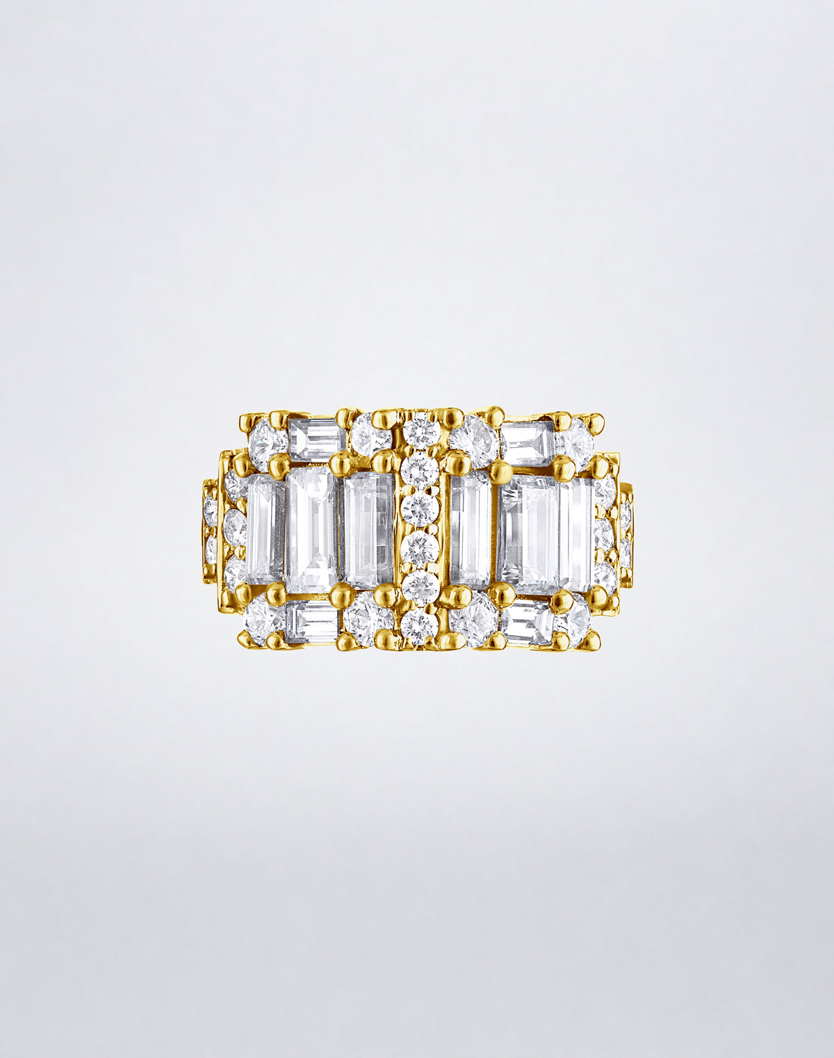 CLARITY³ Step Diamond Band in 18K yellow gold, featuring alternating columns of baguette and round diamonds, by Mindi Mond New York