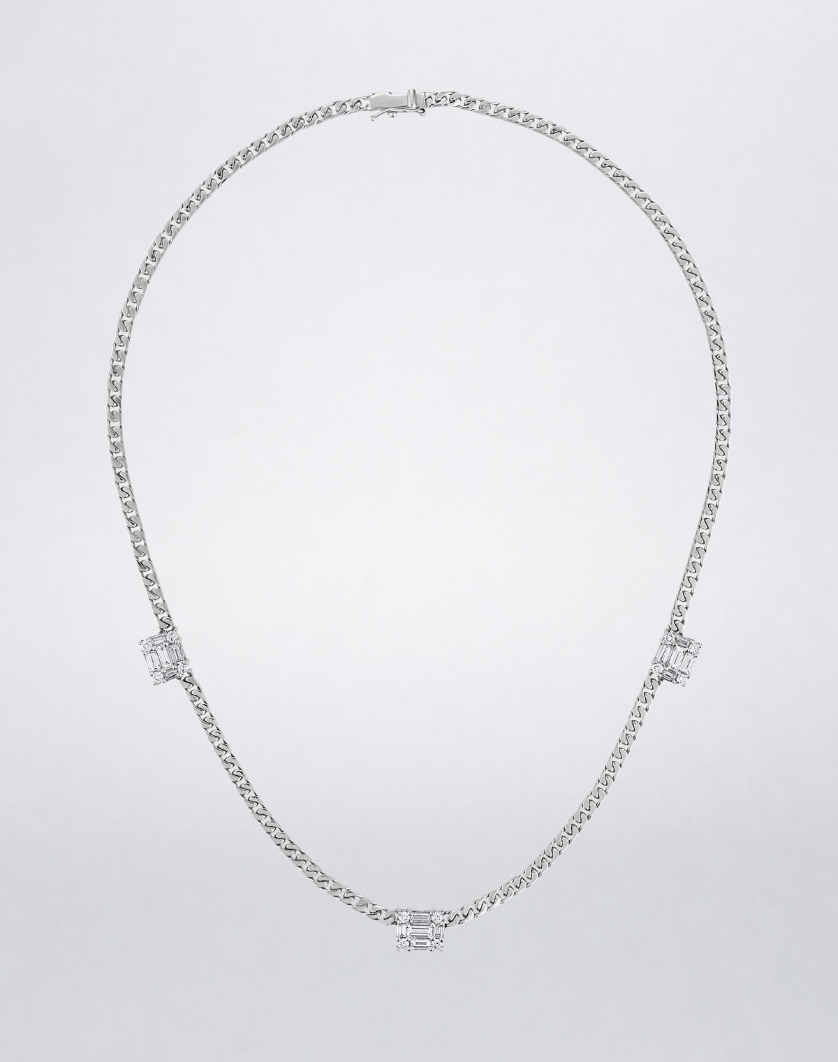 Mindi Mond New York Clarity³ Triple Link Necklace in 18K white gold, curb-link chain with three nine-stone diamond cubes at the center and sides, full view