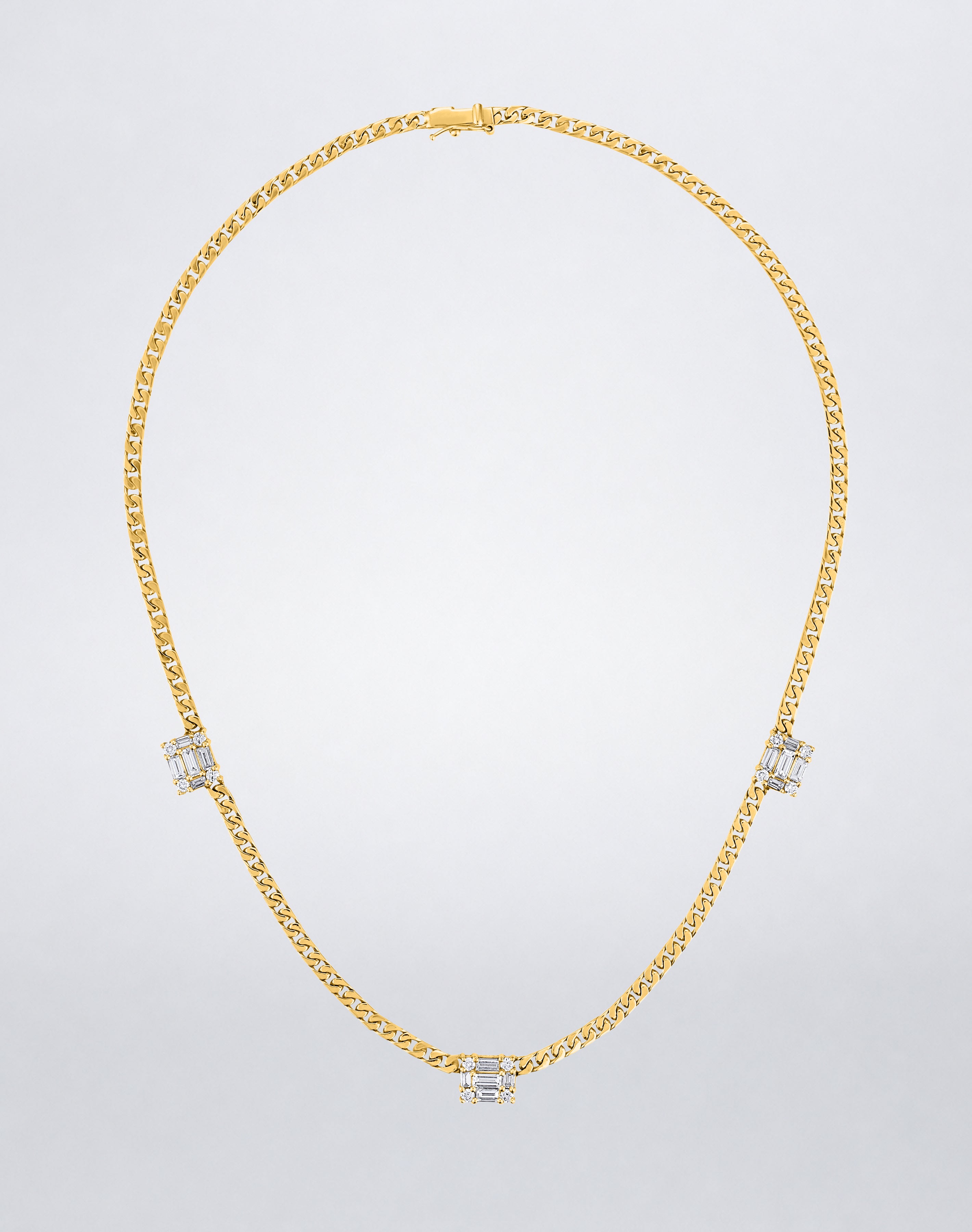 Mindi Mond New York Clarity³ Triple Link Necklace in 18K yellow gold, curb-link chain with three nine-stone diamond cubes at the center and sides, full view