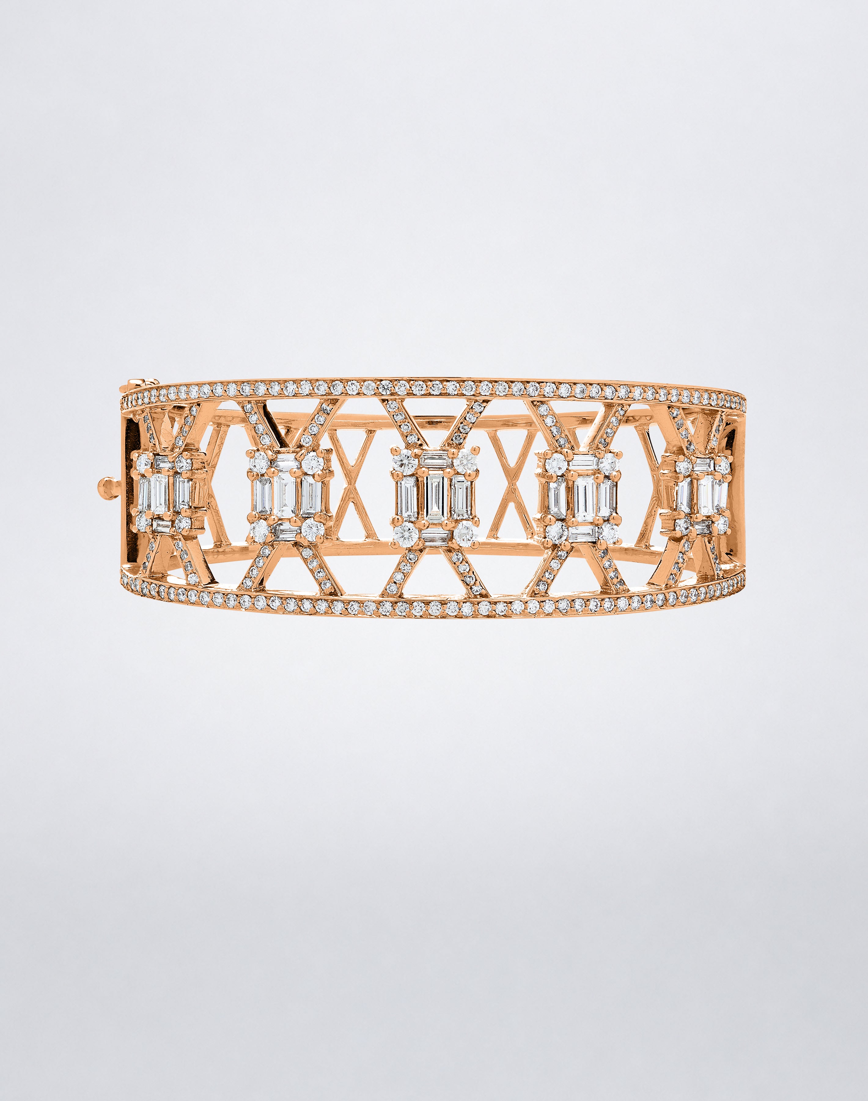 Mindi Mond New York Clarity³ Wide Lattice Cuff in 18k rose gold, openwork pavé diamond lattice with five nine-stone baguette and round brilliant formations, front view