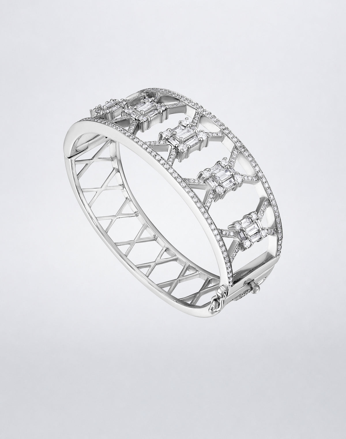 Mindi Mond New York Clarity³ Wide Lattice Cuff in 18k white gold, angled view showing the pavé diamond lattice and polished openwork back