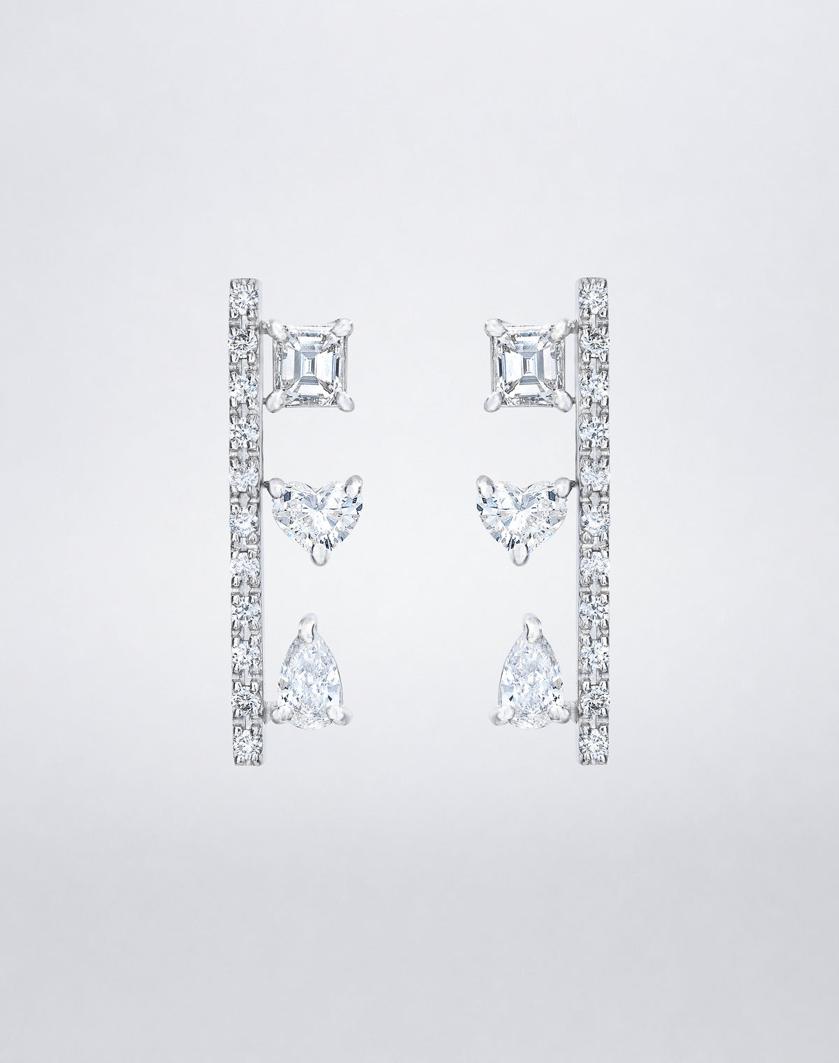 Mindi Mond New York Fancy Cut Bar Earrings with Asscher, heart, and pear-cut diamonds and pavé diamond bar in 18K white gold.
