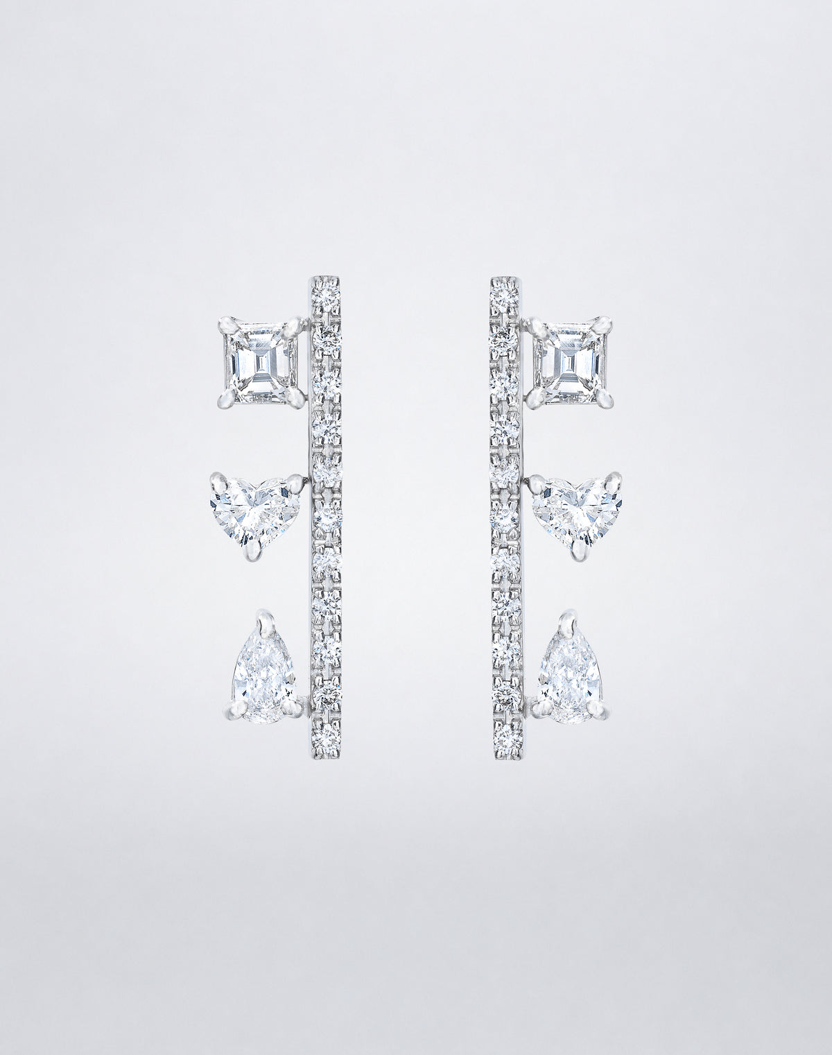 Mindi Mond New York Fancy Cut Bar Earrings with Asscher, heart, and pear-cut diamonds and pavé diamond bar in 18K white gold, second view
