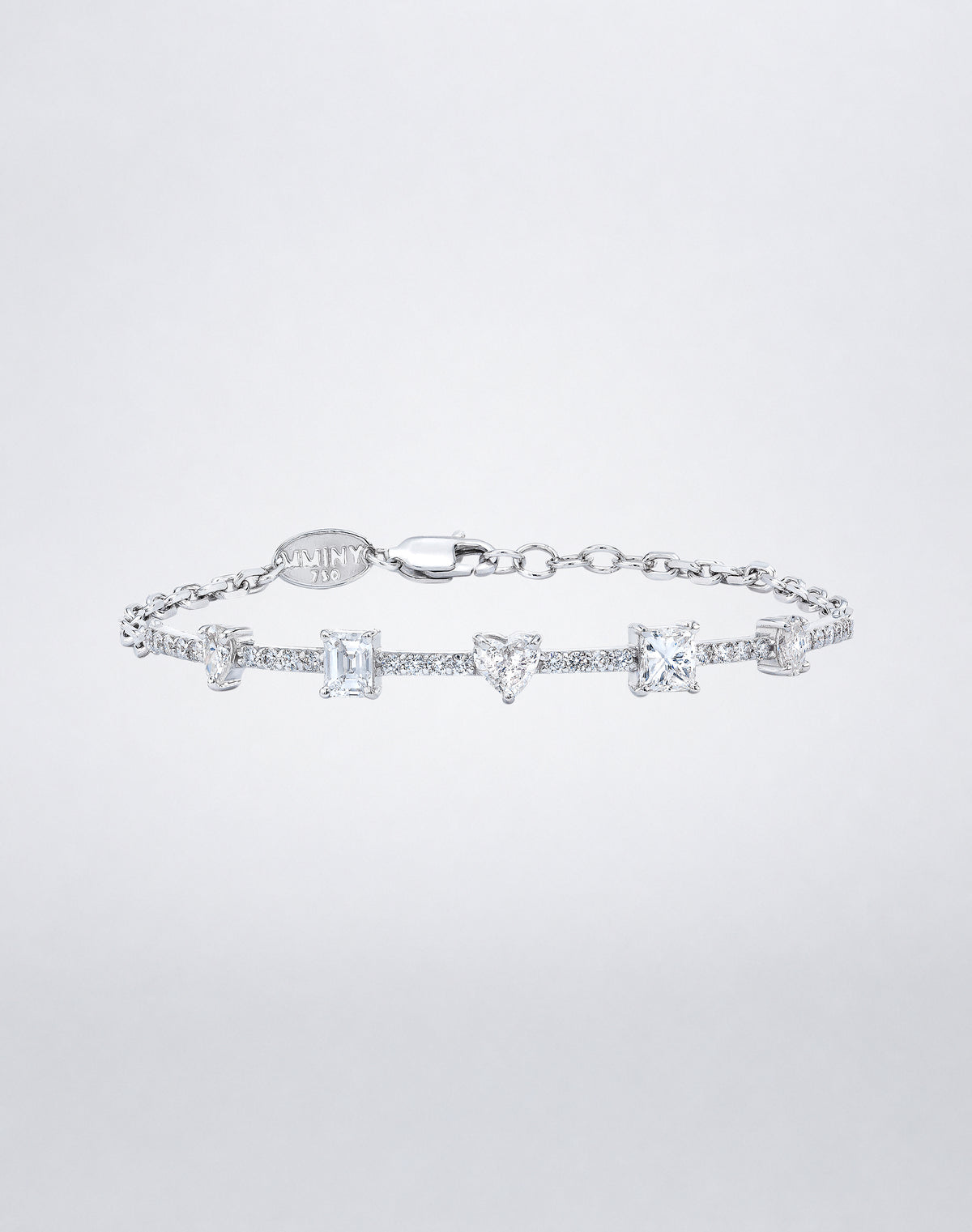 Mindi Mond New York Fancy Cut Bracelet in 18K white gold, five fancy-cut diamonds — pear, emerald, heart, princess and marquise — set along a pavé bar on a fine chain