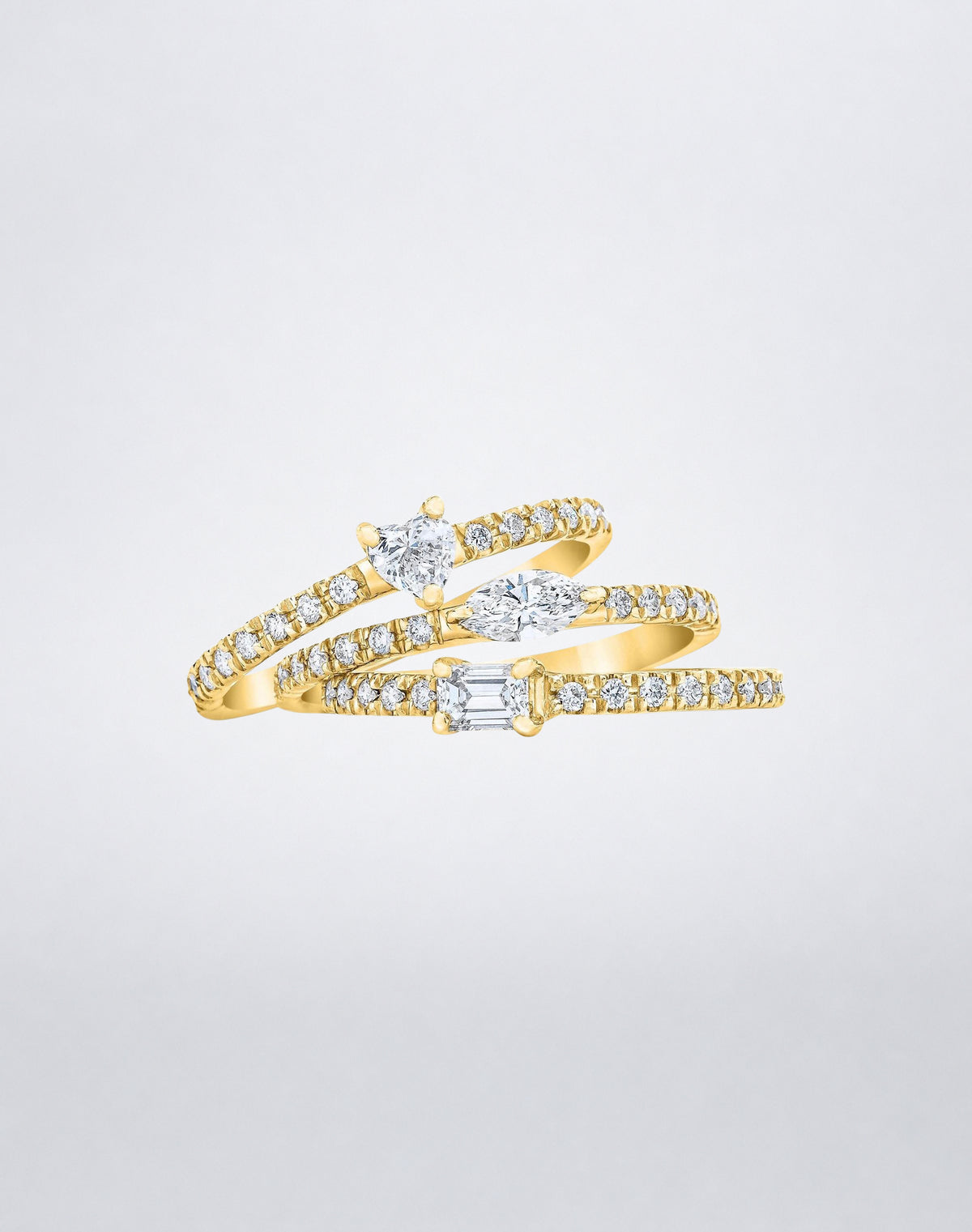 Mindi Mond New York Fancy Cut Diamond Stackable Rings in 18K yellow gold, three slim pavé bands with heart, marquise and emerald-cut diamonds stacked together