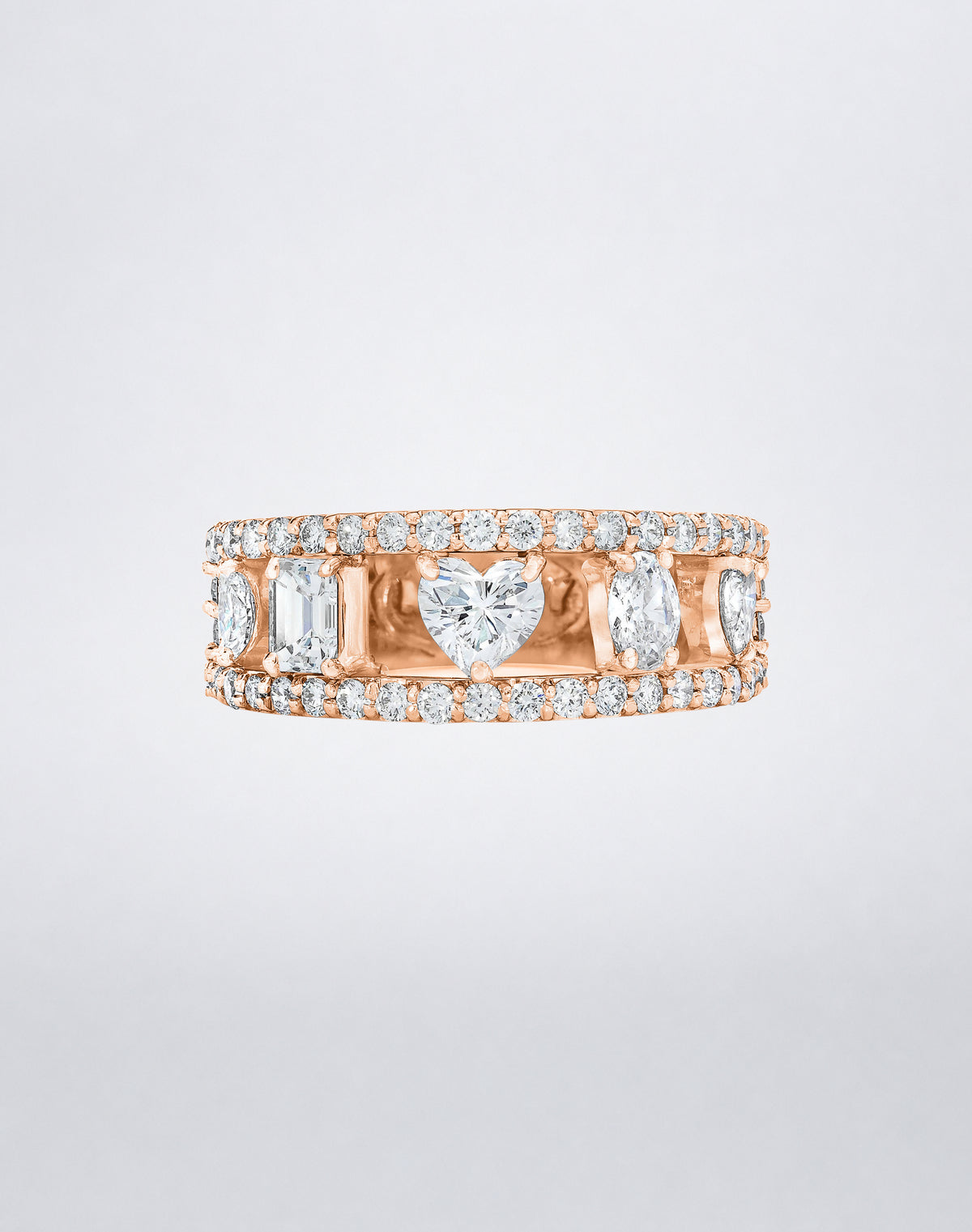 Mindi Mond New York Fancy Cut Five Stone Ring in 18K rose gold, five fancy-cut diamonds set between two pavé rails