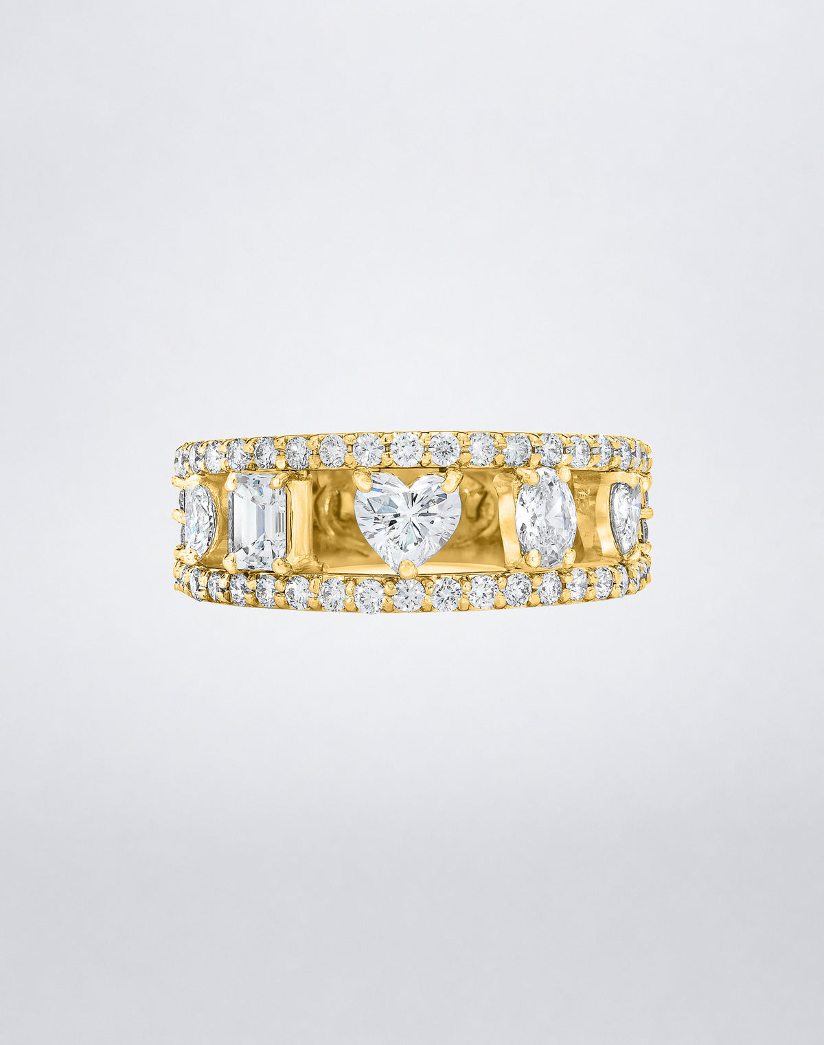 Mindi Mond New York Fancy Cut Five Stone Ring in 18K yellow gold, five fancy-cut diamonds set between two pavé rails