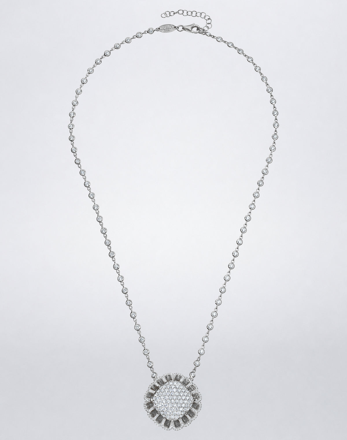 Mindi Mond New York Floating Hues All Diamond Necklace with pavé diamond medallion and diamond bezel chain in 18K white gold