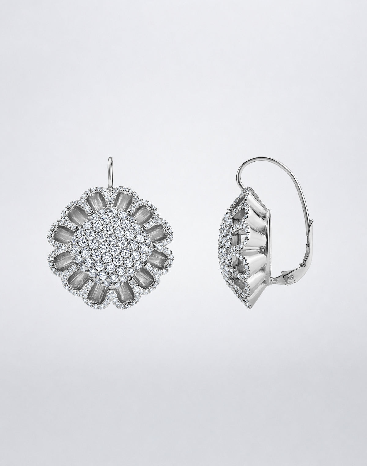 Side view of Mindi Mond New York Floating Hues All Diamond Mega Drop Earrings with diamonds and leverback closure in 18K white gold