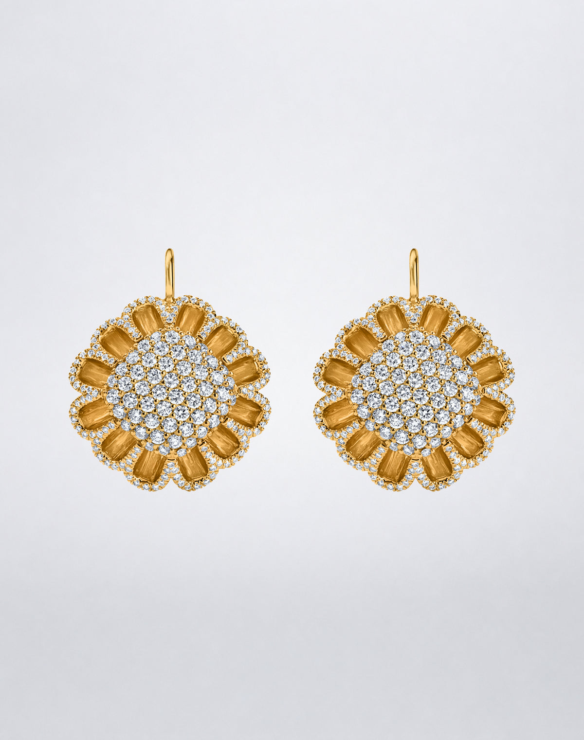 Mindi Mond New York Floating Hues All Diamond Mega Drop Earrings with diamonds in signature elliptical settings in 18K yellow gold