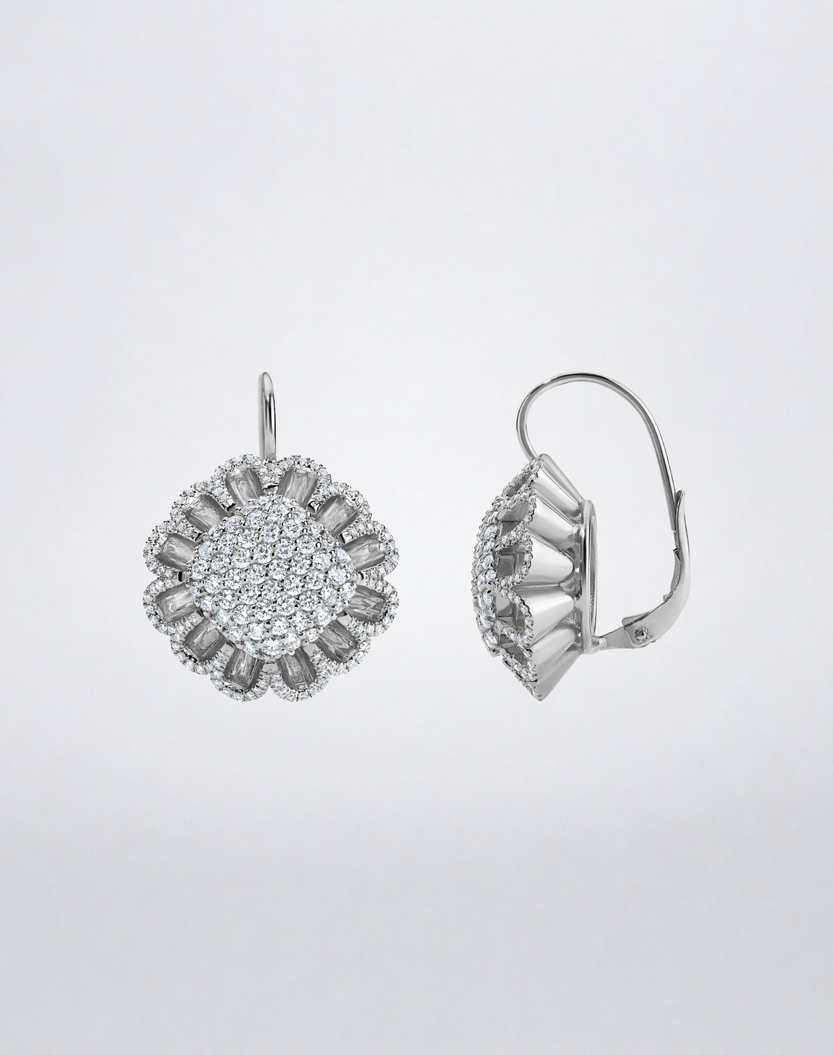 Side view of Mindi Mond New York Floating Hues All Diamond Petite Drop Earrings with pavé diamonds and leverback closure in 18K white gold