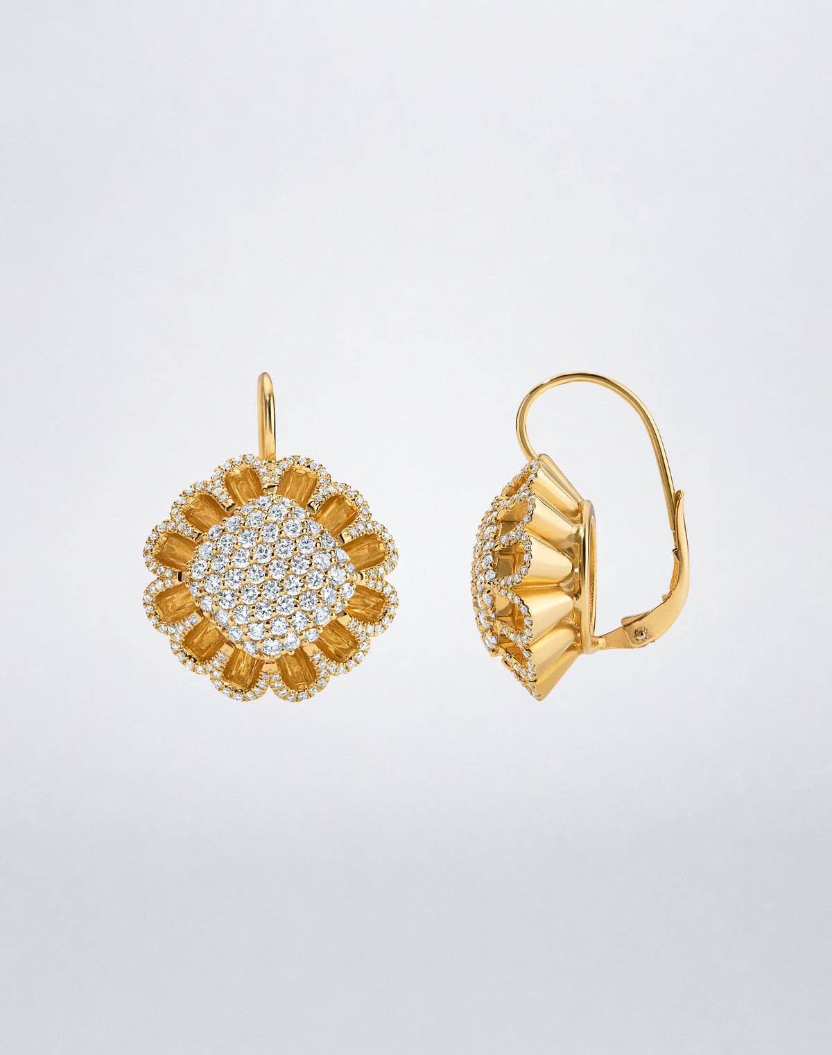 Side view of Mindi Mond New York Floating Hues All Diamond Petite Drop Earrings with pavé diamonds and leverback closure in 18K yellow gold