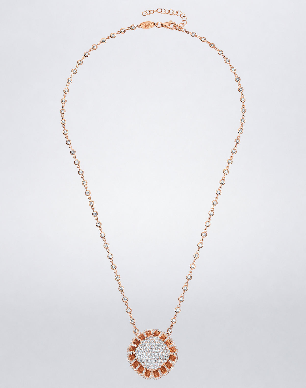 Mindi Mond New York Floating Hues All Diamond Necklace with pavé diamond medallion and diamond bezel chain in 18K rose gold