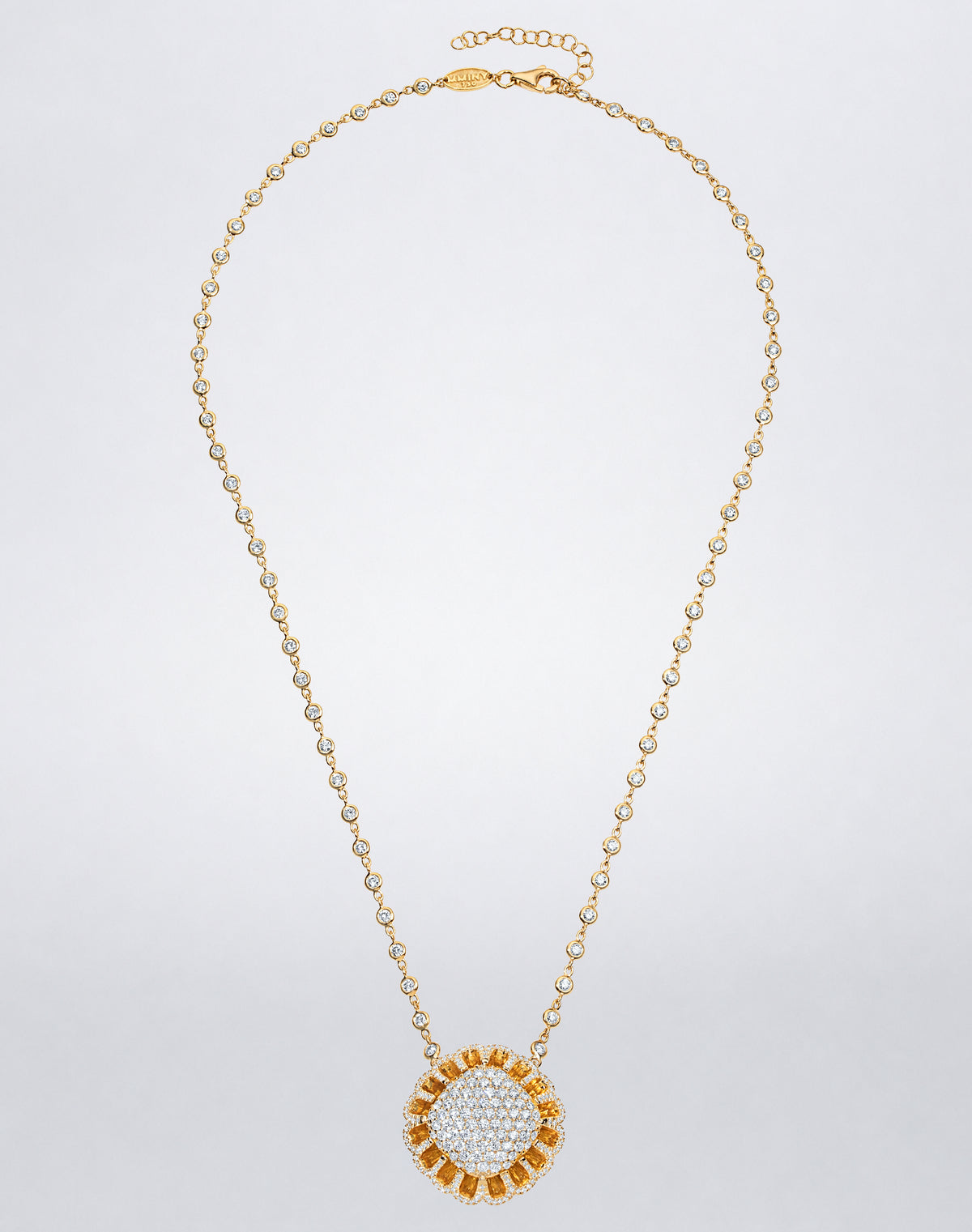 Mindi Mond New York Floating Hues All Diamond Necklace with pavé diamond medallion and diamond bezel chain in 18K yellow gold