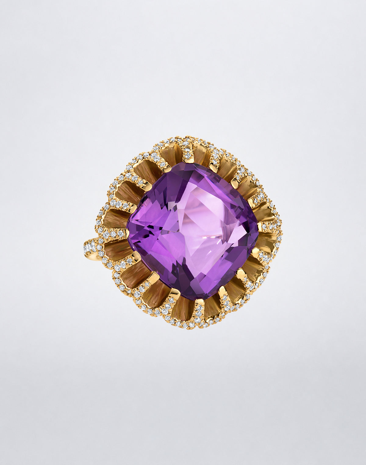 Mindi Mond New York FLOATING HUES Amethyst and Diamond Ring in 18K yellow gold, front view featuring a cushion-cut amethyst framed by diamonds in the iconic elliptical setting.