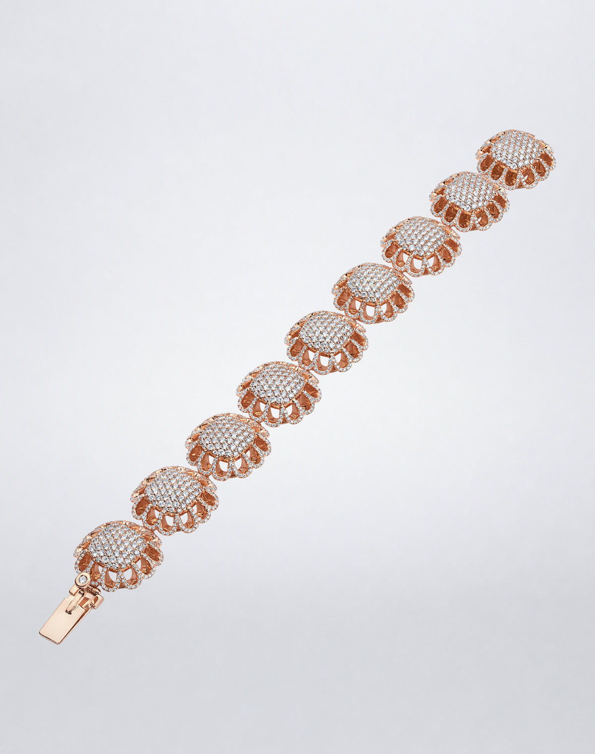 Full view of Mindi Mond New York Floating Hues All Diamond Bracelet with round brilliant diamonds in 18K rose gold