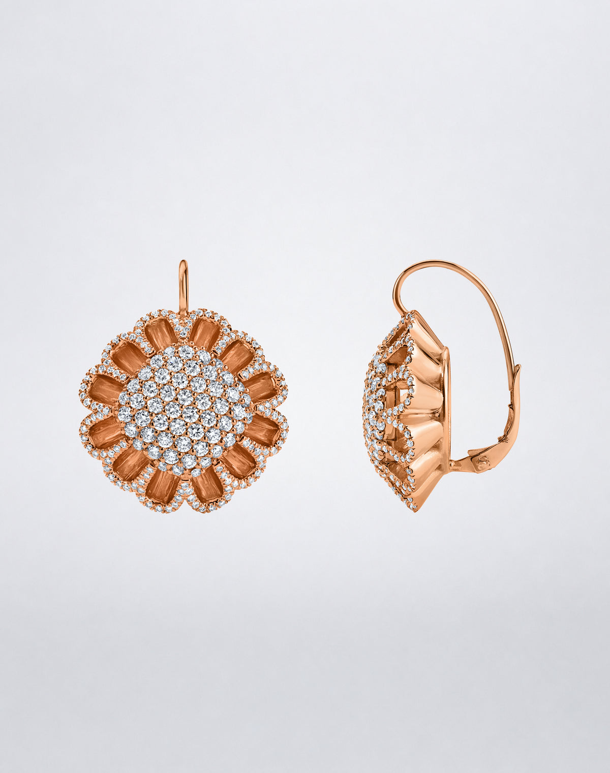 Side view of Mindi Mond New York Floating Hues All Diamond Mega Drop Earrings with diamonds and leverback closure in 18K rose gold