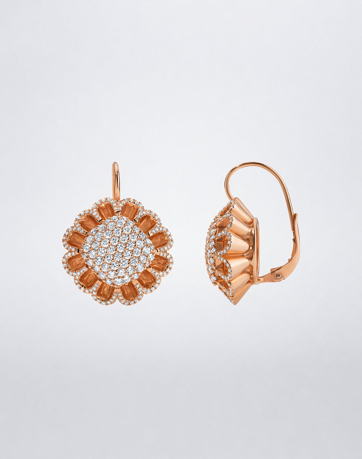 Side view of Mindi Mond New York Floating Hues All Diamond Petite Drop Earrings with pavé diamonds and leverback closure in 18K rose gold