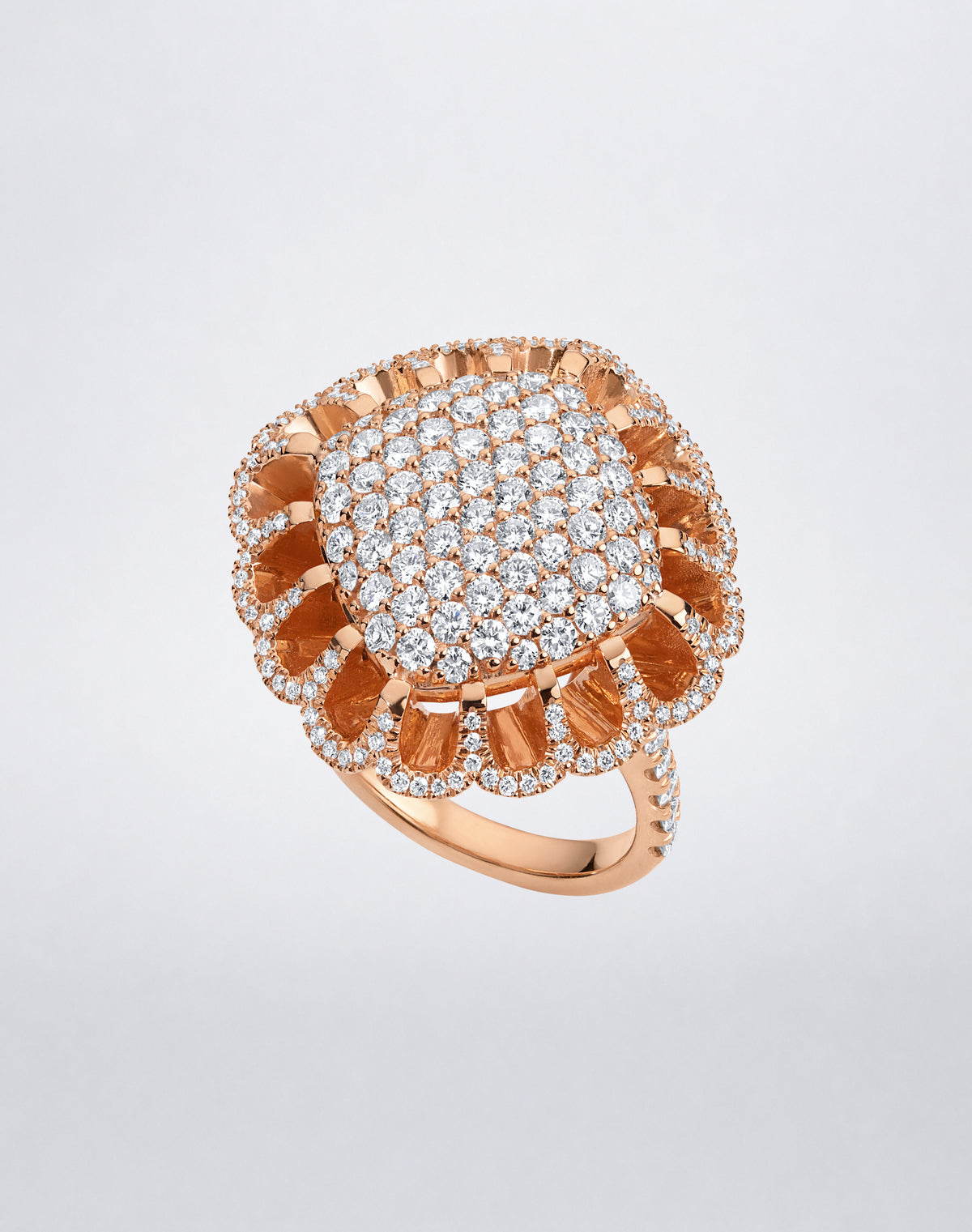 Mindi Mond New York FLOATING HUES All Diamond Ring in 18K rose gold, angled detail view showcasing diamonds in the iconic elliptical setting.