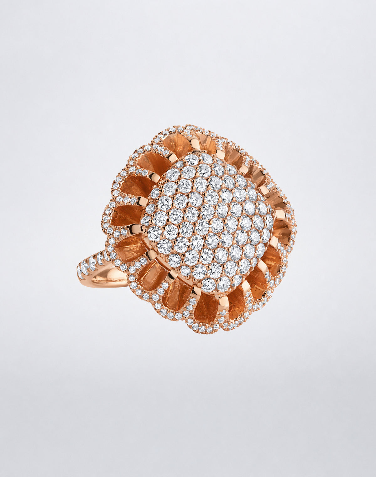 Mindi Mond New York FLOATING HUES All Diamond Ring in 18K rose gold, front view showcasing the iconic elliptical setting and pavé diamonds.