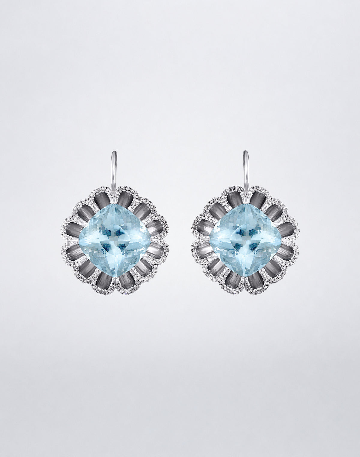 Mindi Mond New York Floating Hues Aquamarine and Diamond Drop Earrings with cushion-cut aquamarines and pavé diamonds in 18K white gold