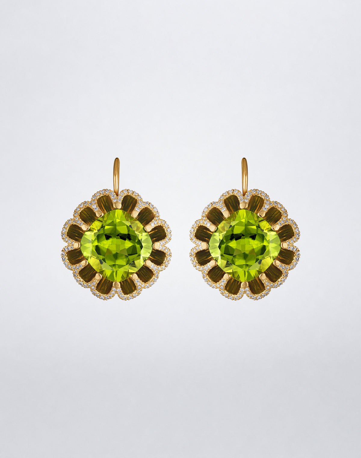 Mindi Mond New York Floating Hues Peridot and Diamond Drop Earrings with cushion-cut peridots and pavé diamonds in 18K yellow gold