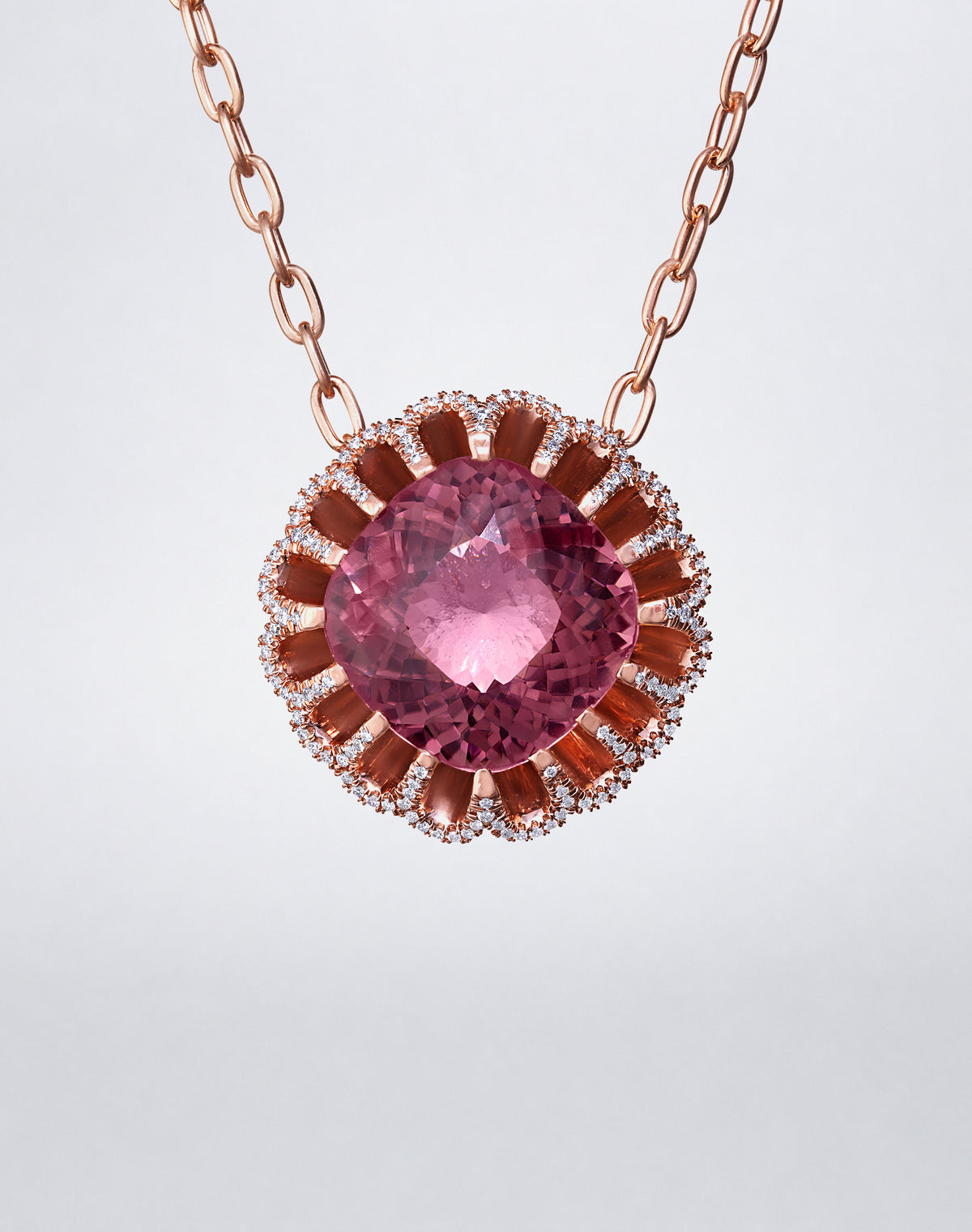 Mindi Mond New York Floating Hues Pink Tourmaline and Diamond Necklace with pink tourmaline and pavé diamonds in 18K rose gold