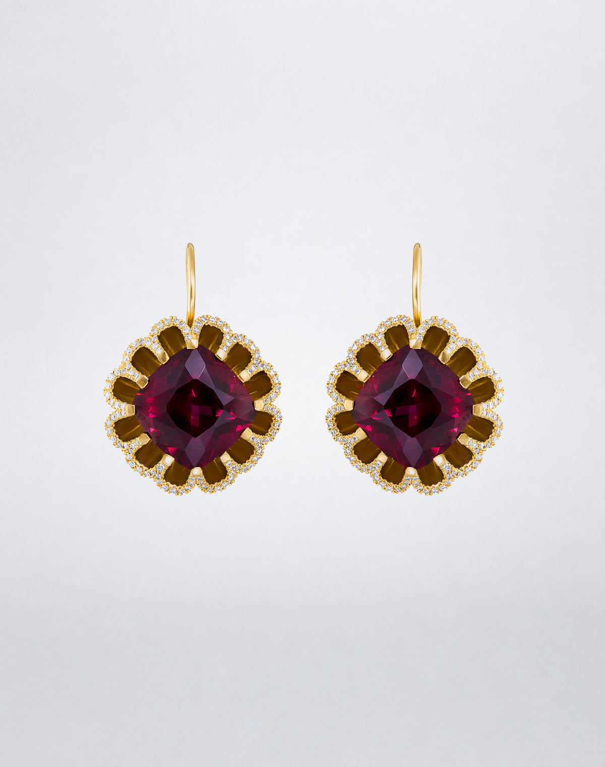 Mindi Mond New York Floating Hues Rhodolite Garnet and Diamond Drop Earrings with cushion-cut garnets and pavé diamonds in 18K yellow gold