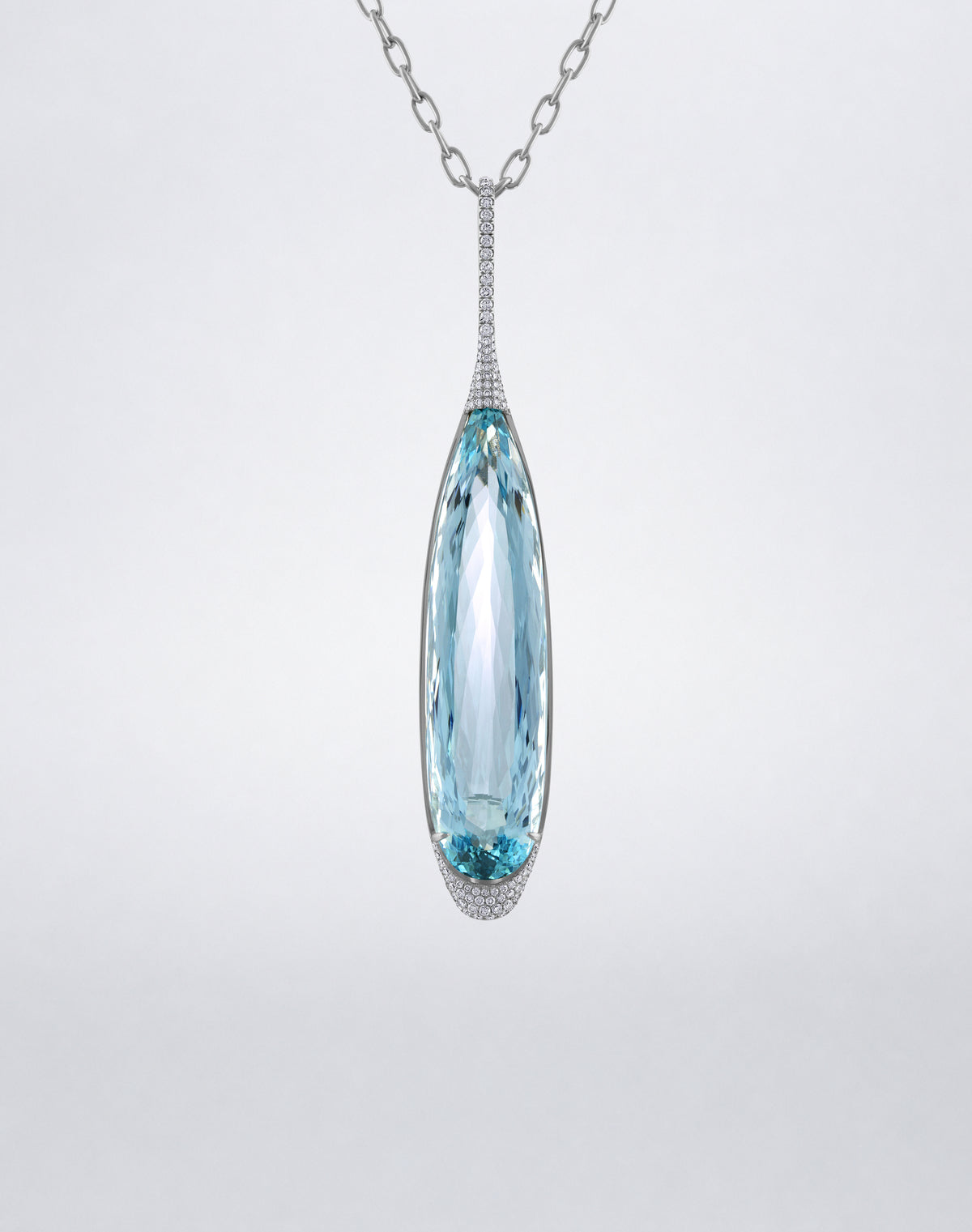 Mindi Mond New York ICONS Aquamarine Diamond Pendant Link Necklace in 18K white gold, front view featuring an elongated aquamarine accented with pavé diamonds.