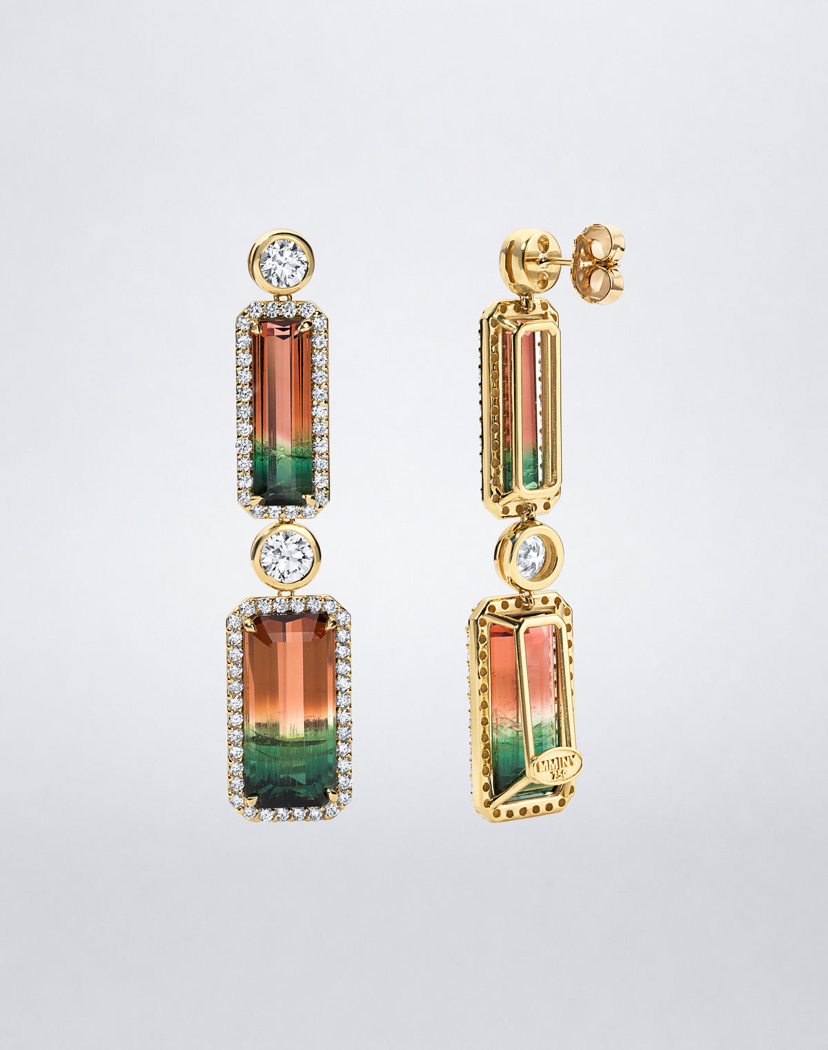 Mindi Mond New York Bi-Color Watermelon Tourmaline Earrings in 18K yellow gold, shown in front and back views with diamond halos and round diamond connectors.